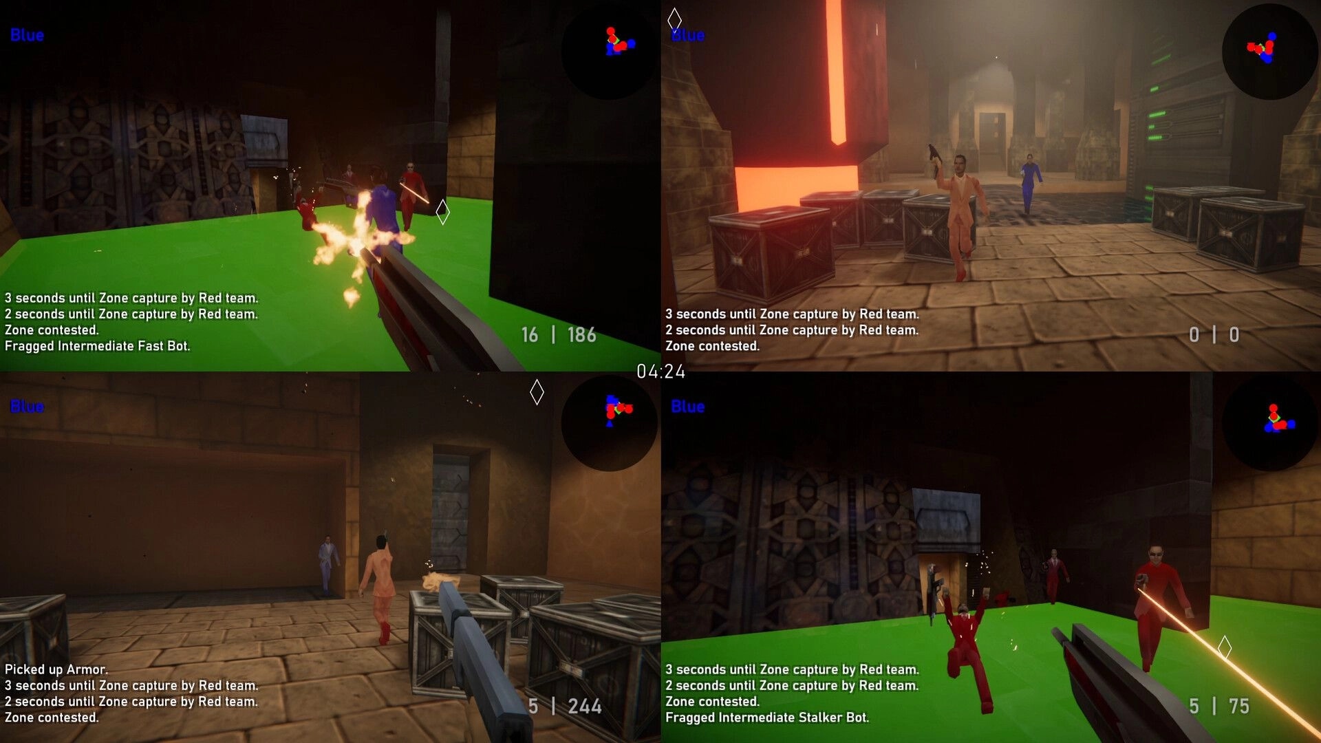 Agent 64: Intense firefight in industrial arena with red and blue teams battling for zone control