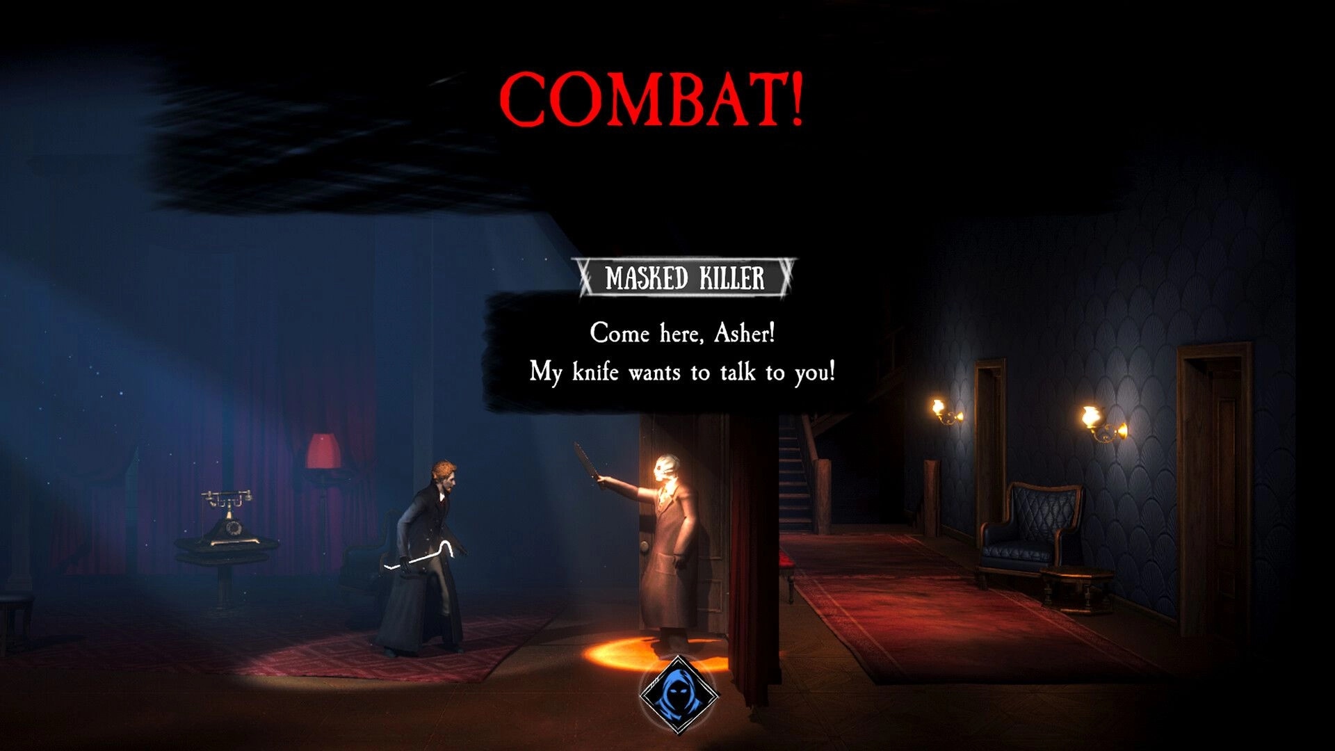 Agent of Strange: Asher confronts masked killer in dimly lit hallway, preparing for combat