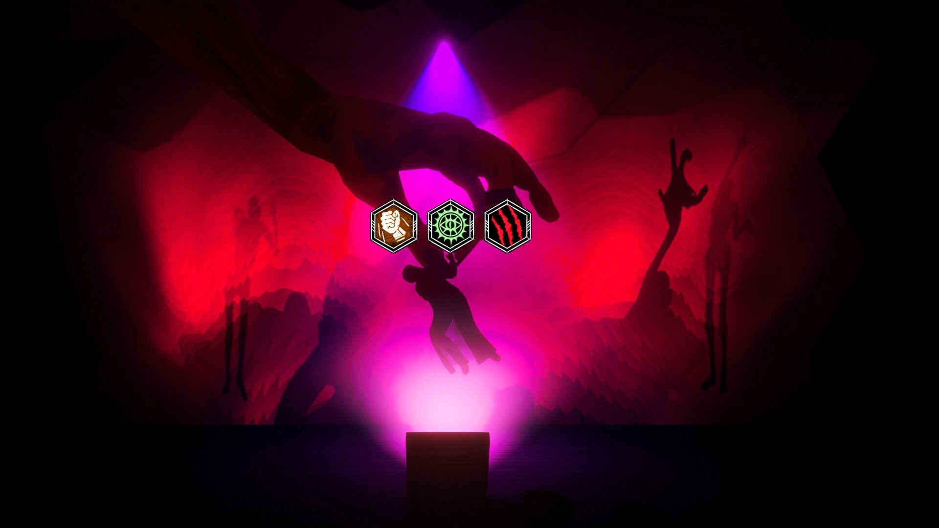 Agent of Strange: Hand reaching for icons in a shadowy red-lit room with abstract figures on walls