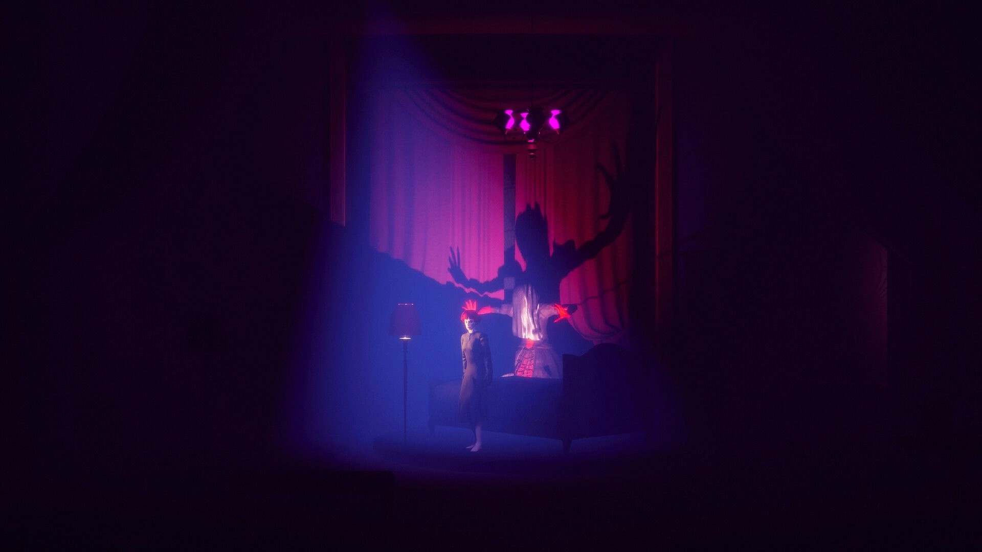 Agent of Strange: Shadowy figure looms over a character in a dimly lit room with red curtains