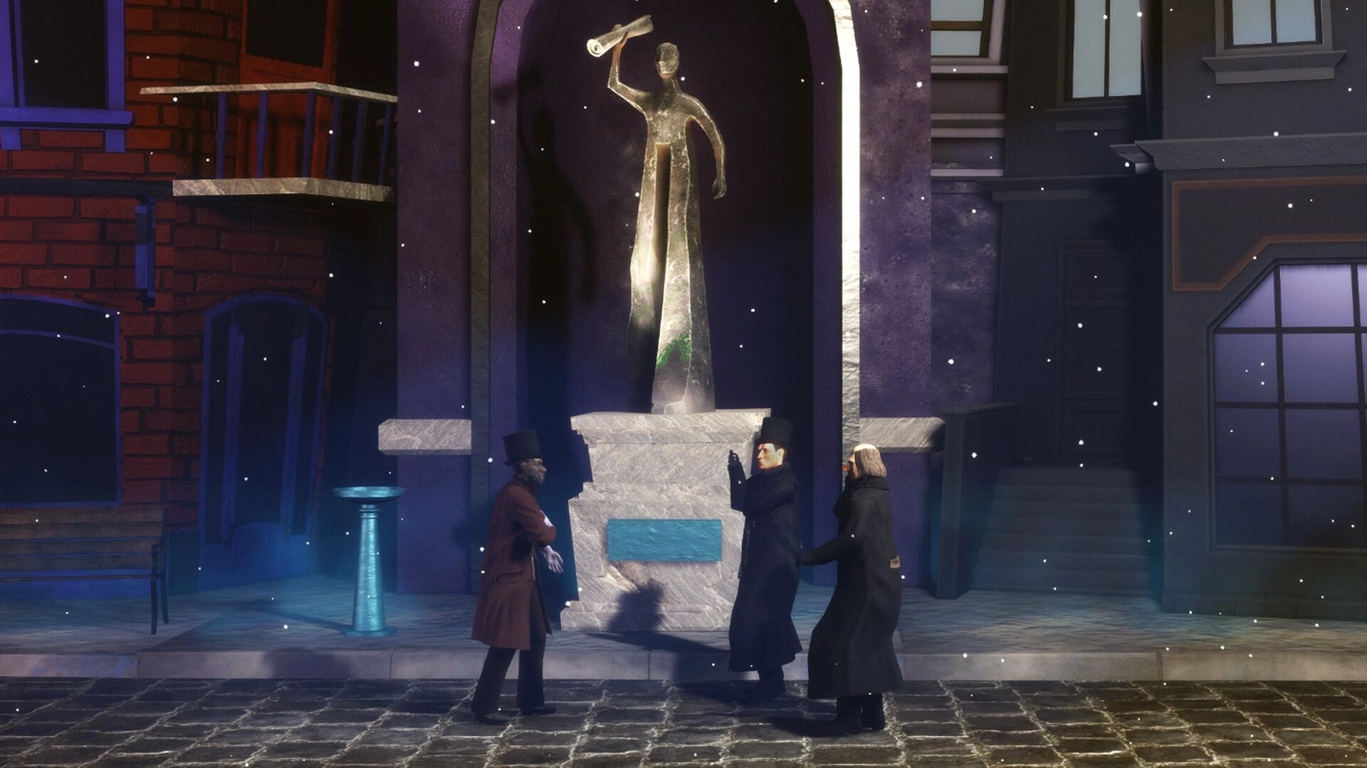 Agent of Strange: Three characters gather near a statue in a snow-dusted, dimly lit city square.