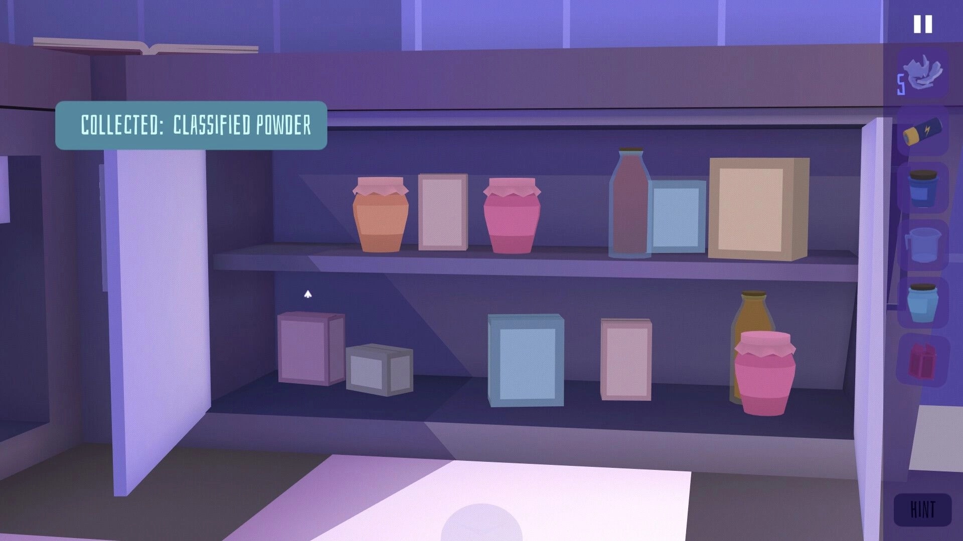 Agent of Veil: Inventory management with collected classified powder in a dimly lit storage room