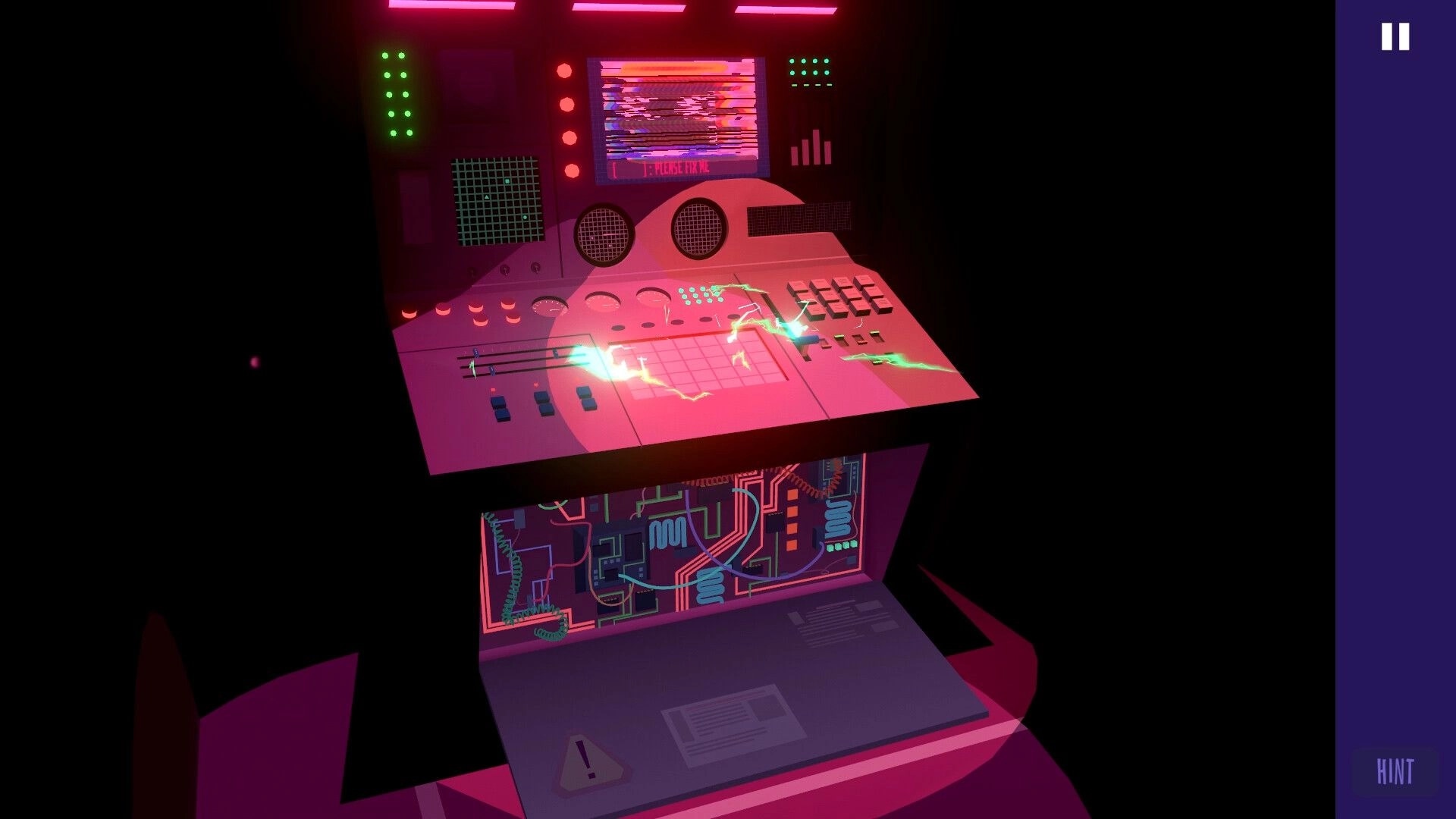 Agent of Veil: Cracked control panel with flickering screens and hint button in dimly lit room