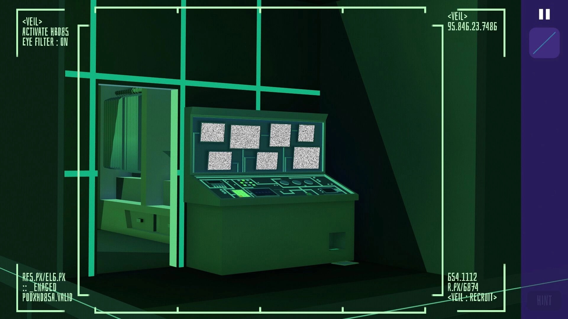 Agent of Veil: Surveillance room with multiple static-filled monitors and activated eye filter display