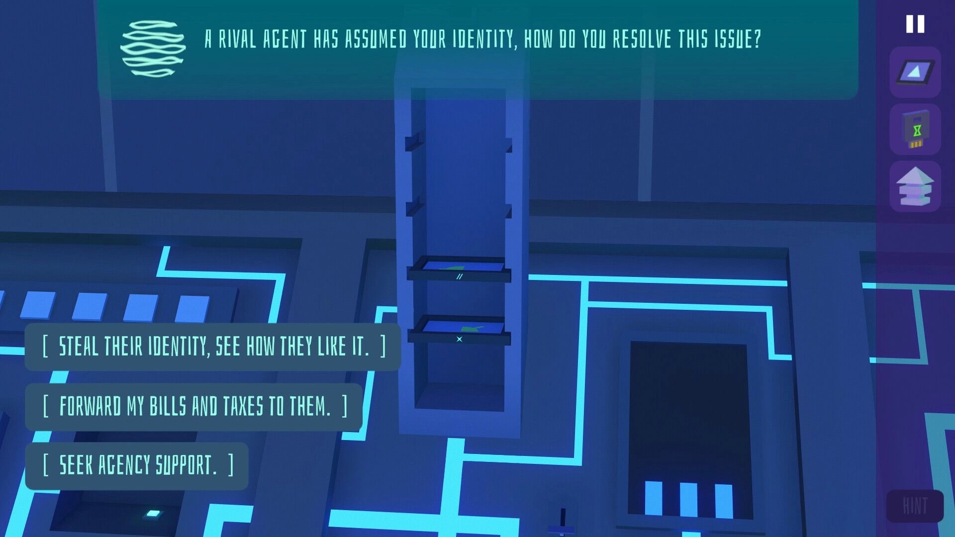Agent of Veil: Multiple-choice dilemma on identity theft in futuristic spy agency control room