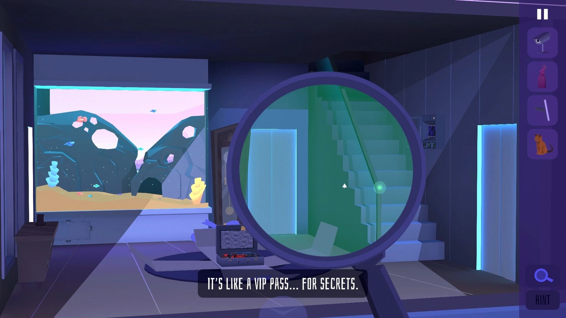 Agent of Veil: Magnifying glass examining staircase in a modern office with aquarium and side menu.