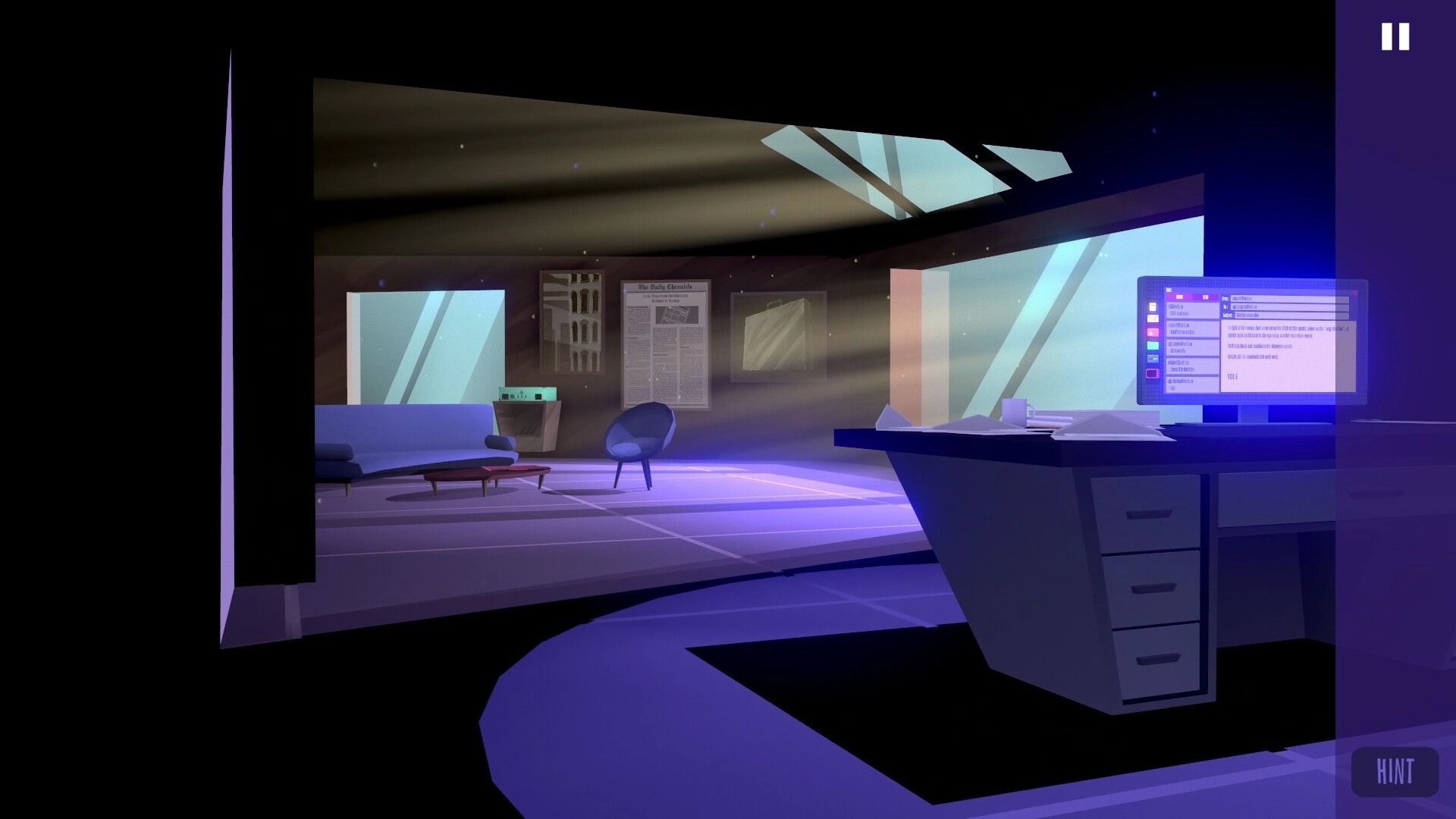 Agent of Veil: Dimly lit office with computer screen displaying emails and papers scattered on desk