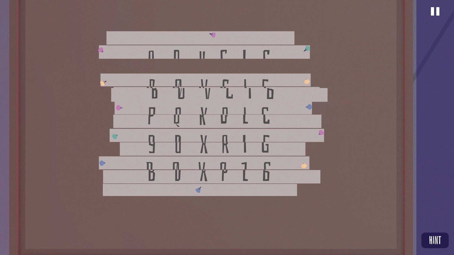 Agent of Veil: Puzzle board with pinned paper strips displaying coded letters in a dimly lit office room.