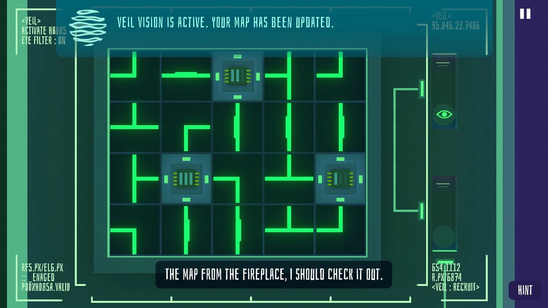 Agent of Veil: Veil Vision puzzle grid with green circuitry lines active in a digital interface