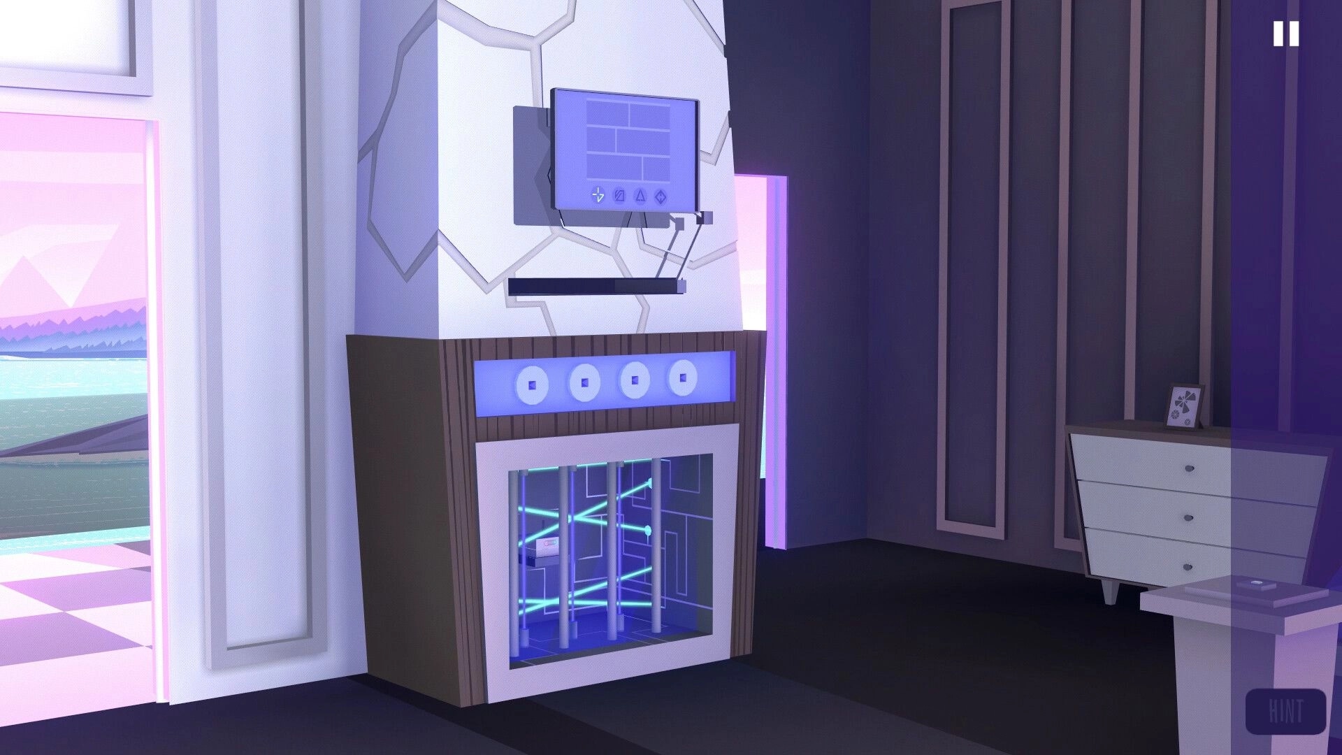 Agent of Veil: Puzzle panel in high-tech office with glowing interface and view of serene landscape
