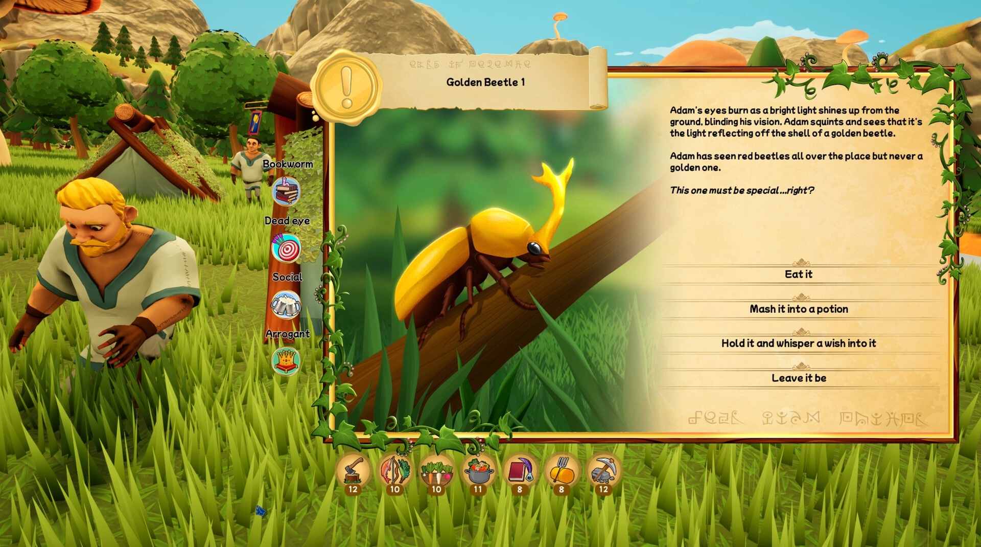 Ages of Cataria: Adam encounters a golden beetle in the village meadow with multiple choice options visible.