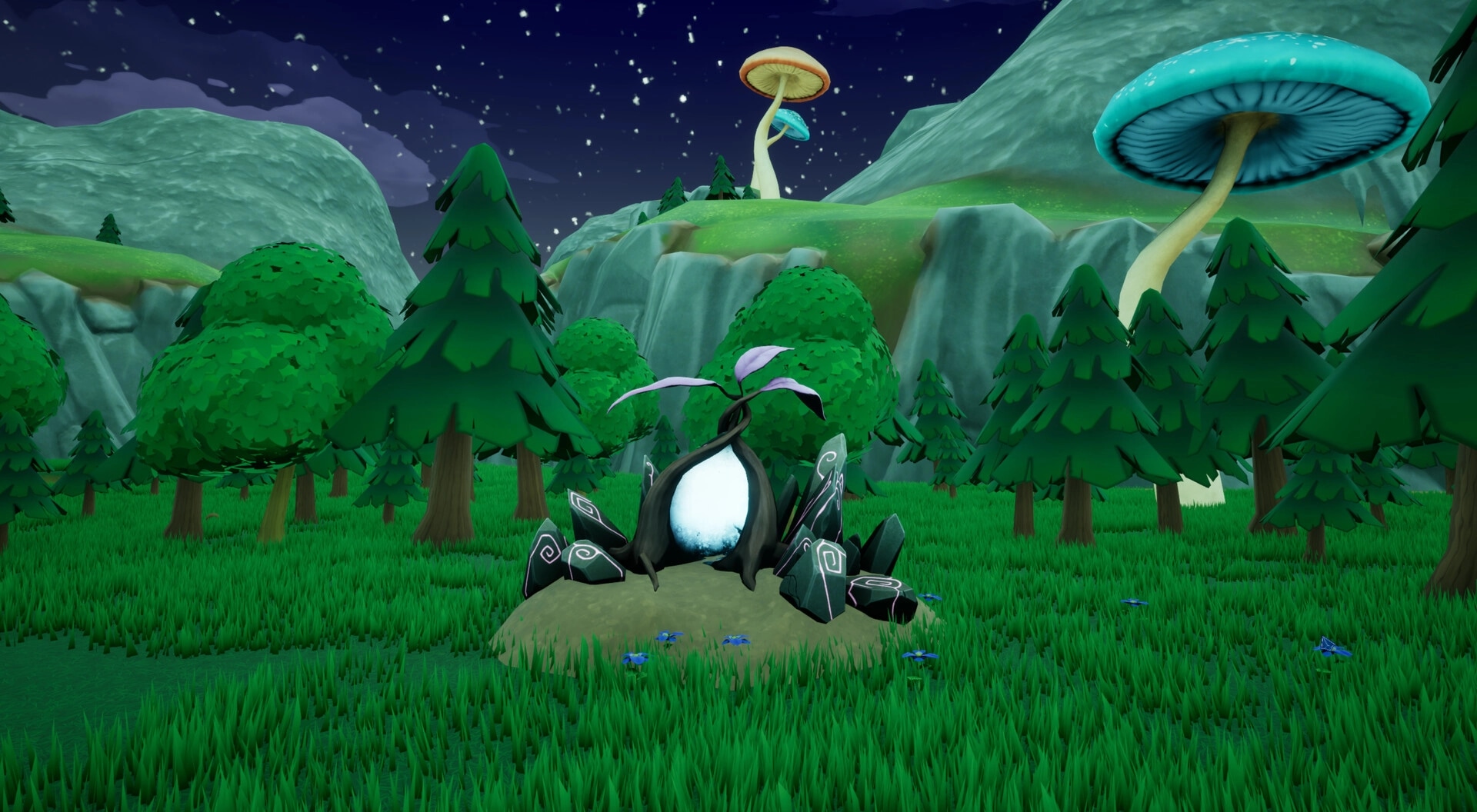 Ages of Cataria: Mystical sprout surrounded by stones in a lush forest with giant mushrooms at night