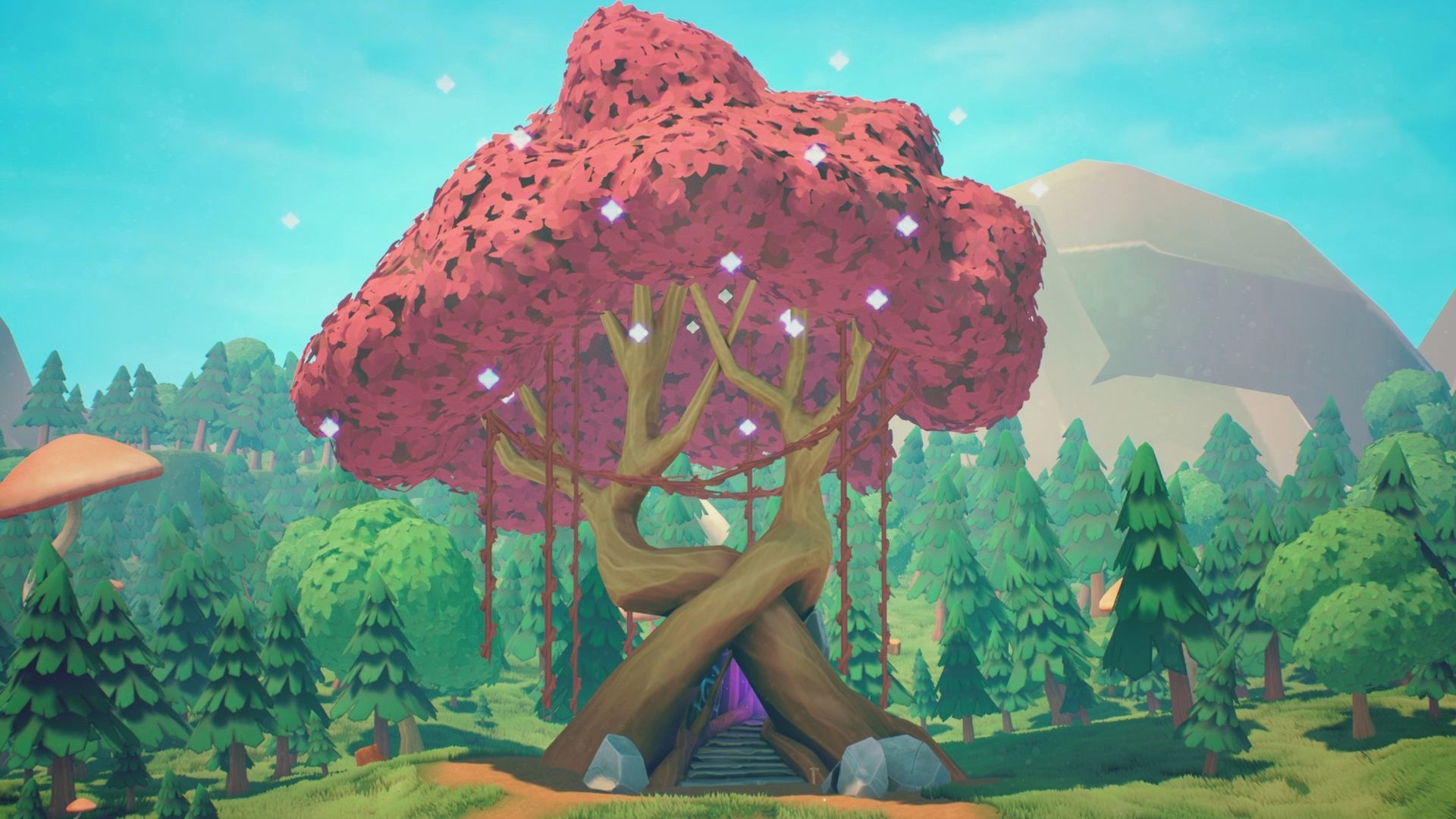 Ages of Cataria: Enchanted pink tree with glowing crystals in a vibrant forest setting.