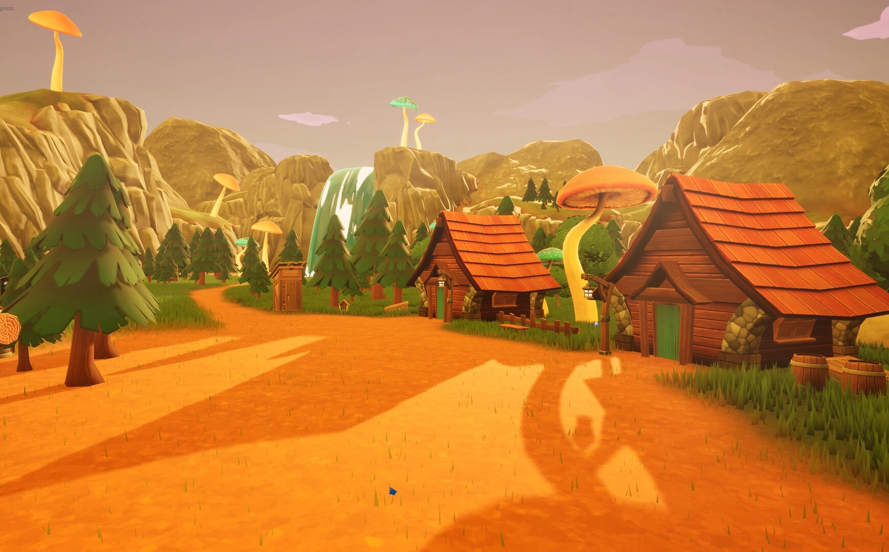 Ages of Cataria: Quaint village path with wooden houses, towering mushrooms, and distant waterfall
