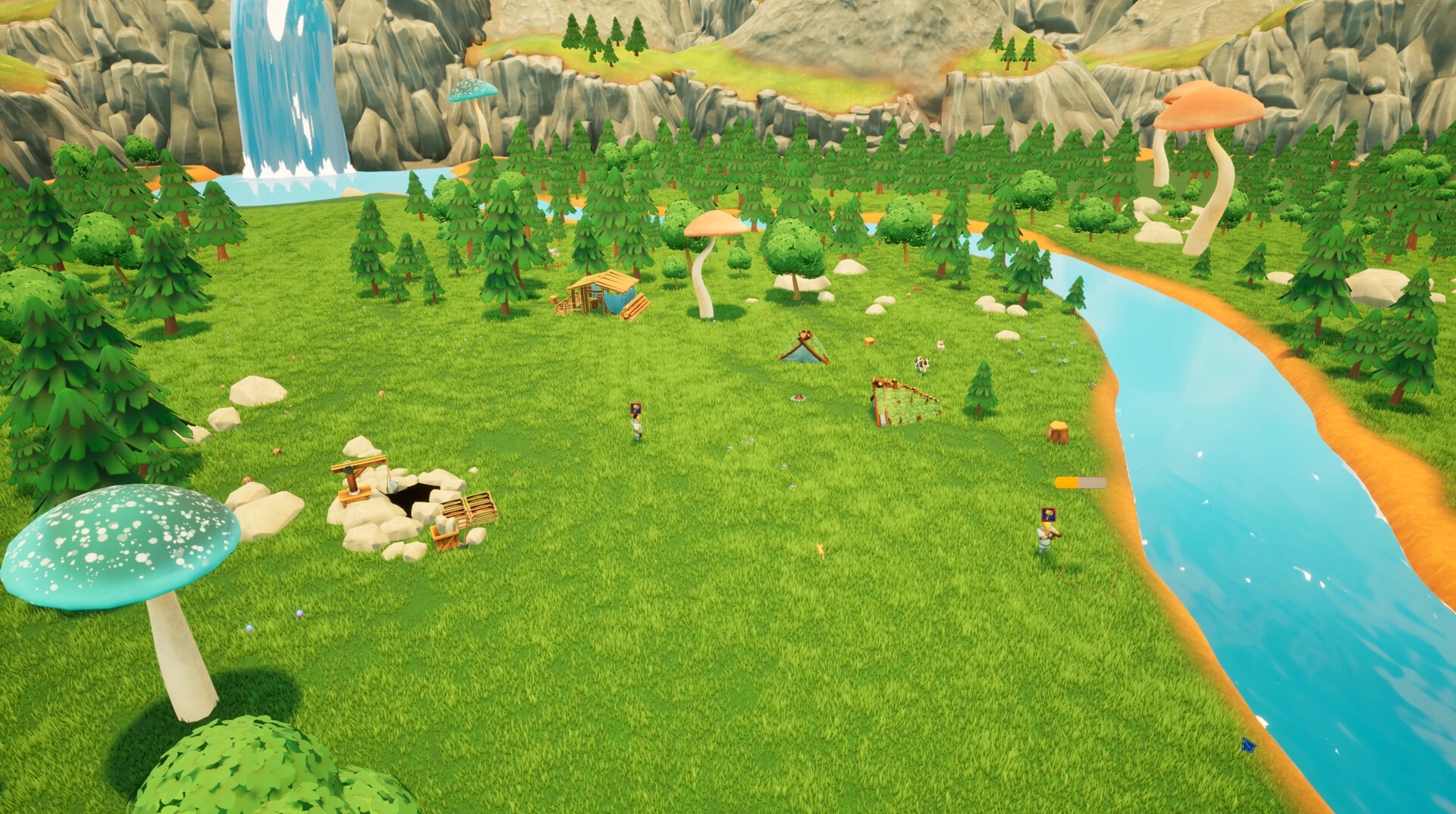 Ages of Cataria: Village development with lush forest, flowing river, and character building structures