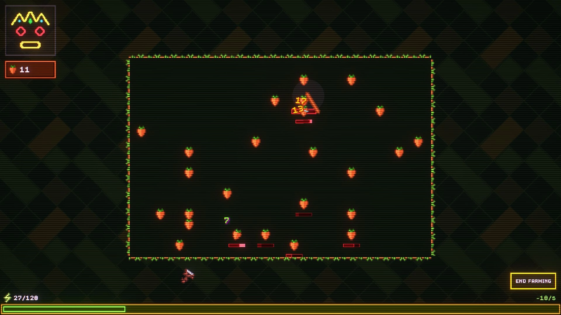 Agrivore: Harvesting carrots with magical tool, energy bar and King icon on dark checkered background