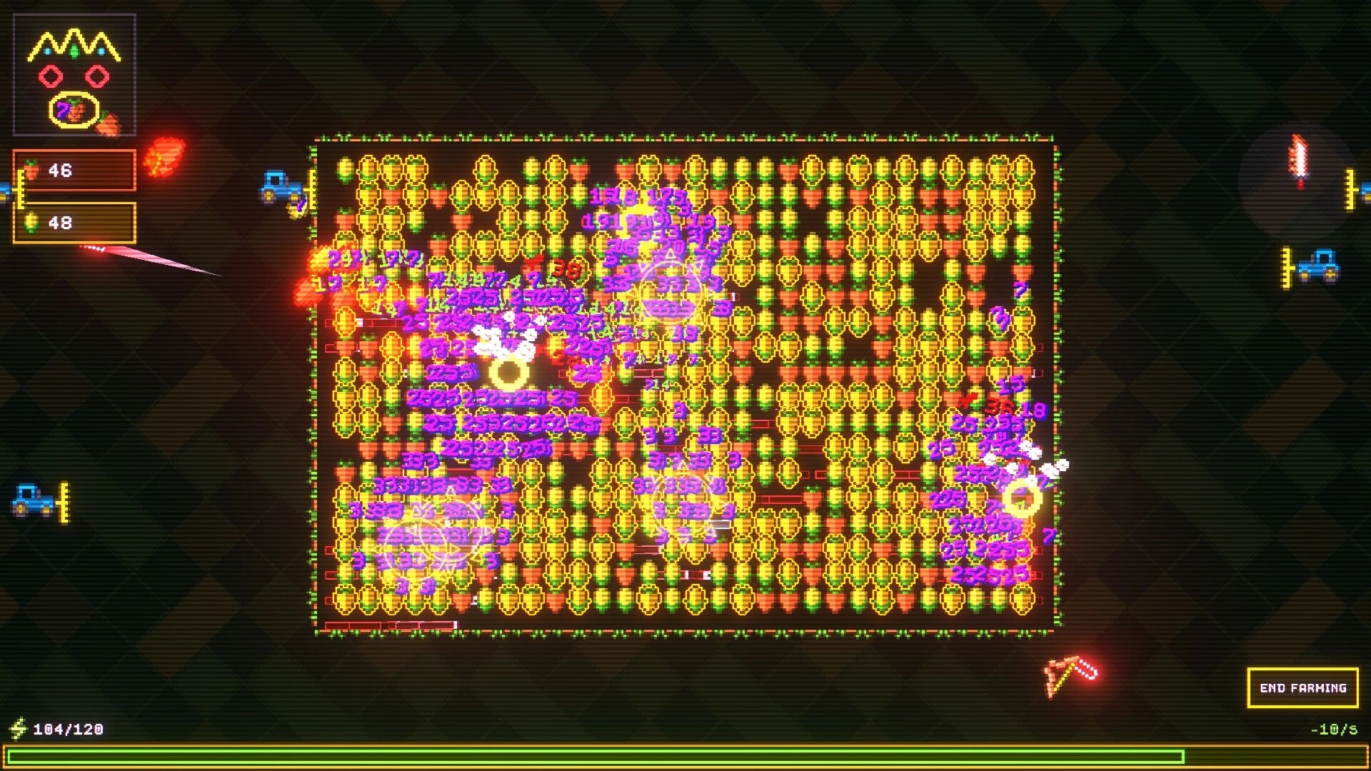 Agrivore: Vibrant harvest grid with colorful crop yields, energy bar, and mini-map in top left corner.