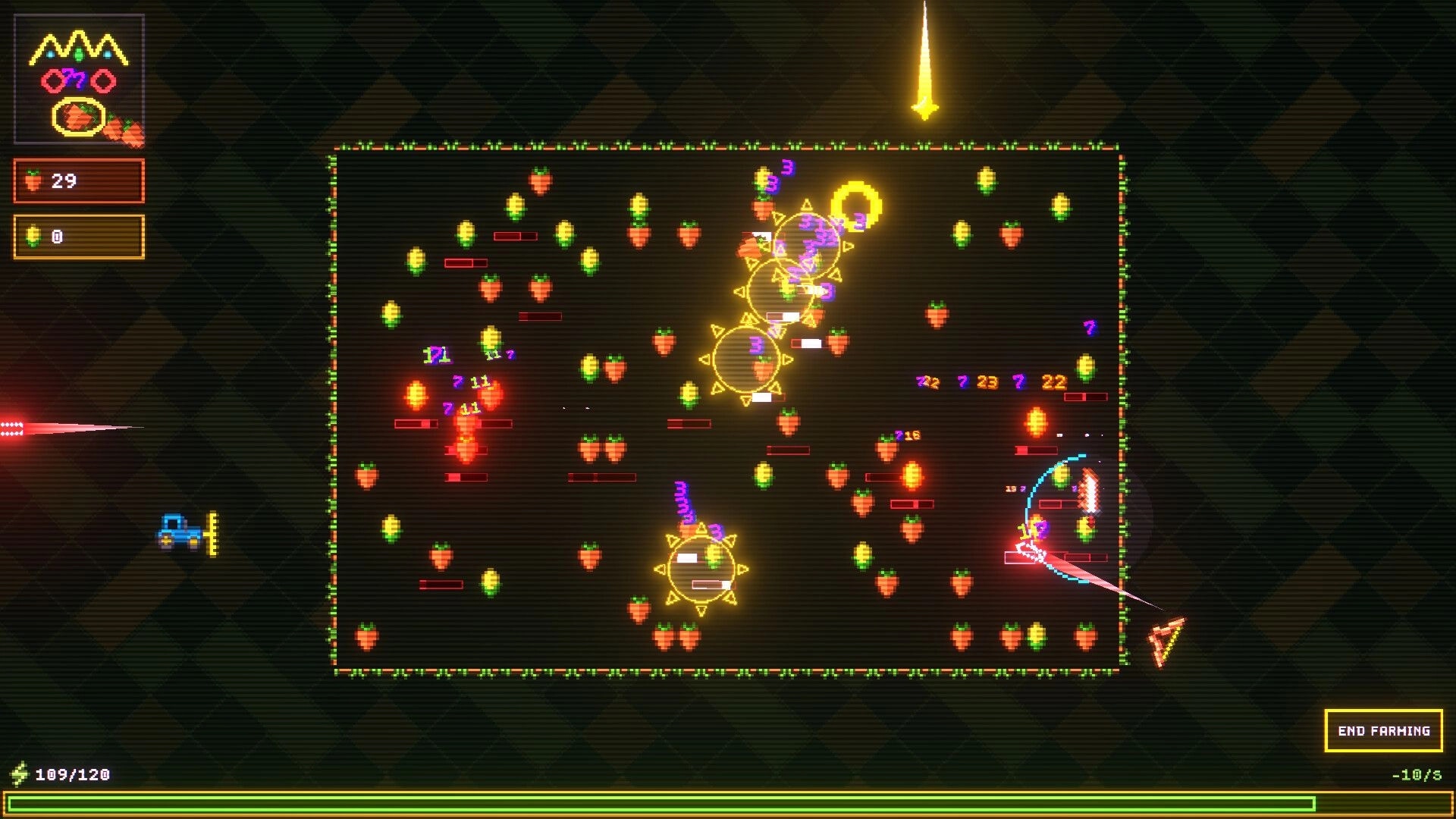 Agrivore: Farming screen with glowing crops, a tractor, and a UI showing resources and a timer.
