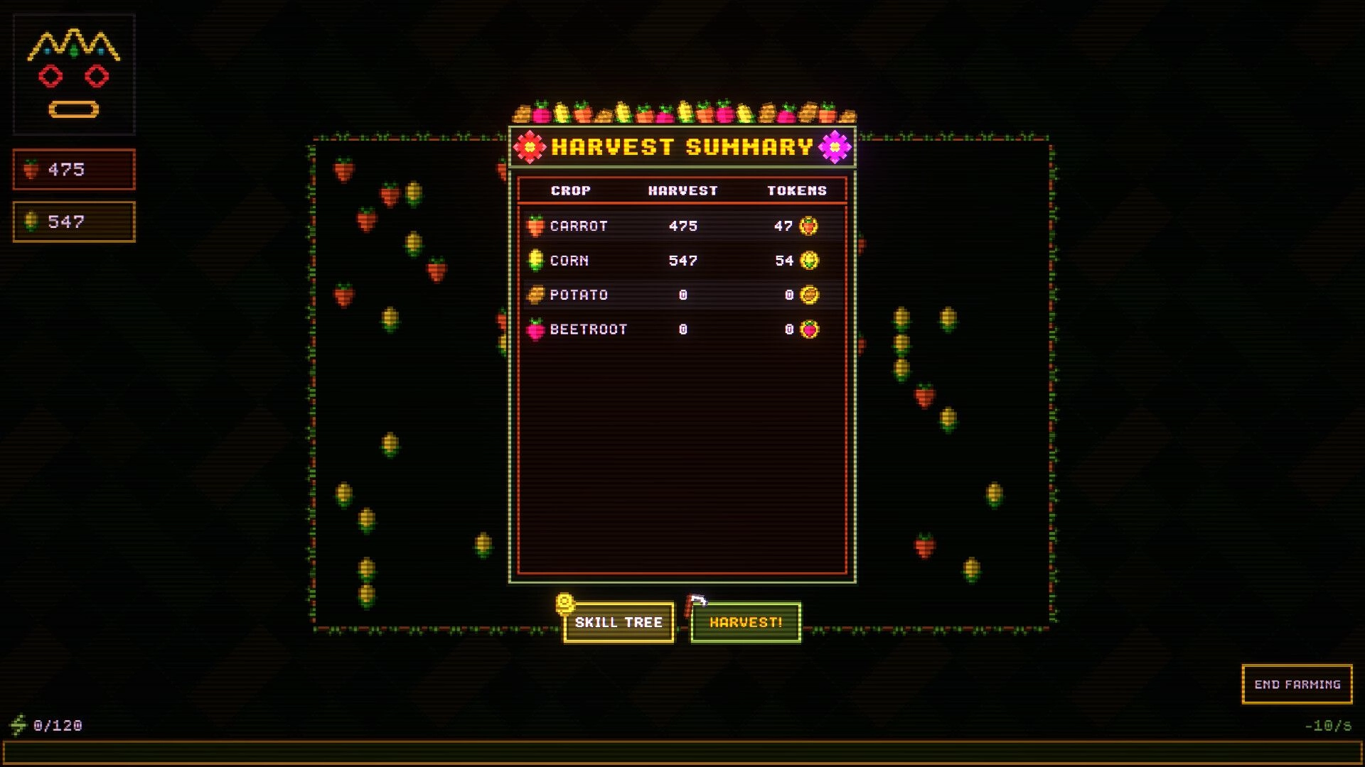 Agrivore: Harvest summary screen showing crop totals and tokens with options for skill tree and harvest.
