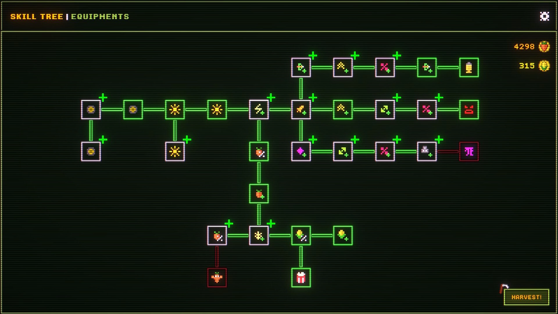 Agrivore: Skill tree interface with various farming upgrades linked by glowing paths and coin counters