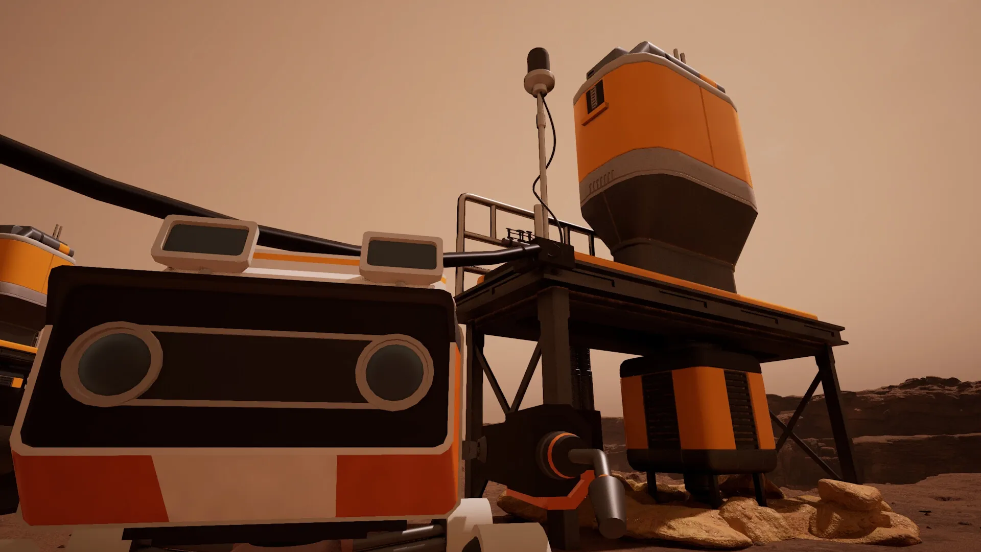 AGRONOM: Martian farming robot next to an automated resource station on the rocky surface of Mars.