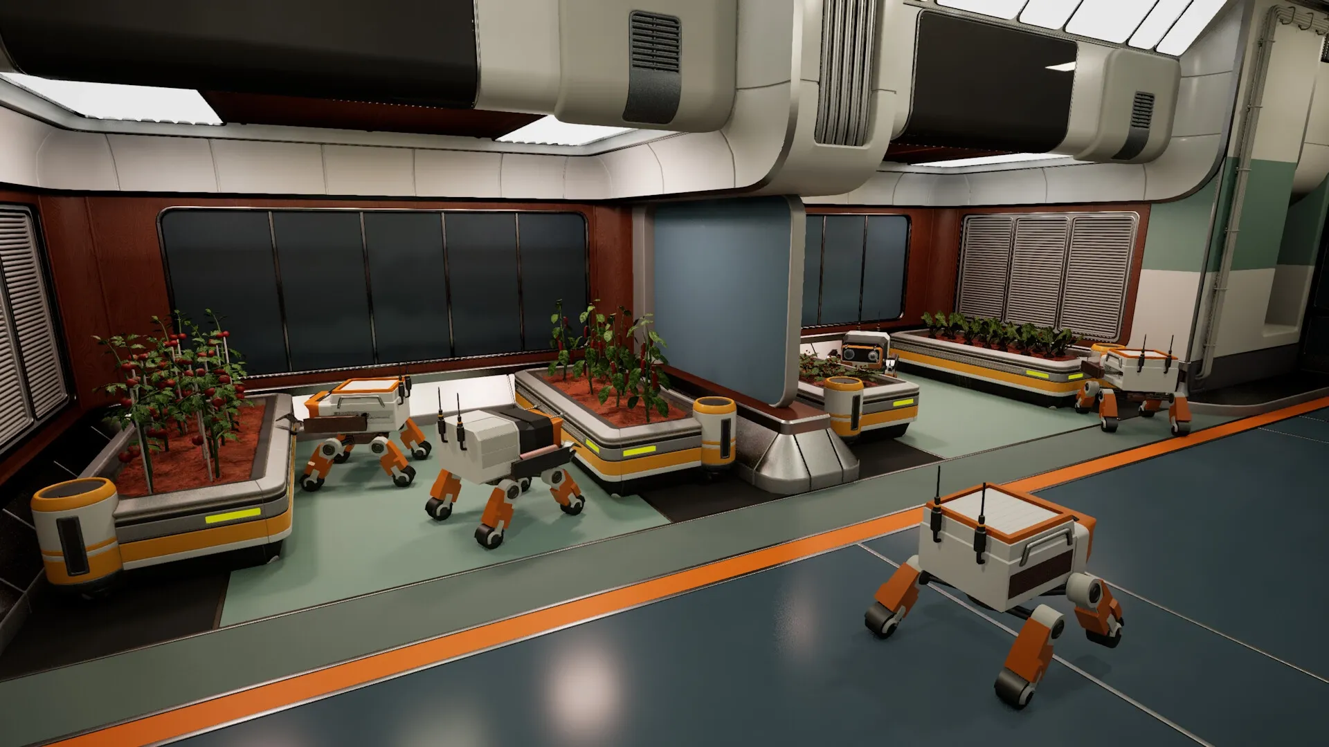 AGRONOM: Robots tending to hydroponic gardens in a futuristic Martian greenhouse environment