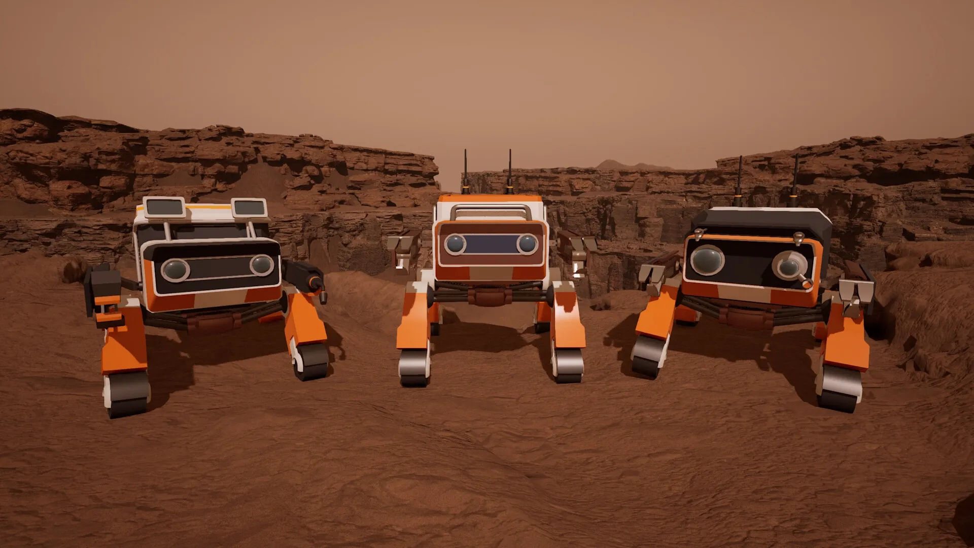 AGRONOM: Three orange robots standing on Martian terrain with rocky cliffs in the background.