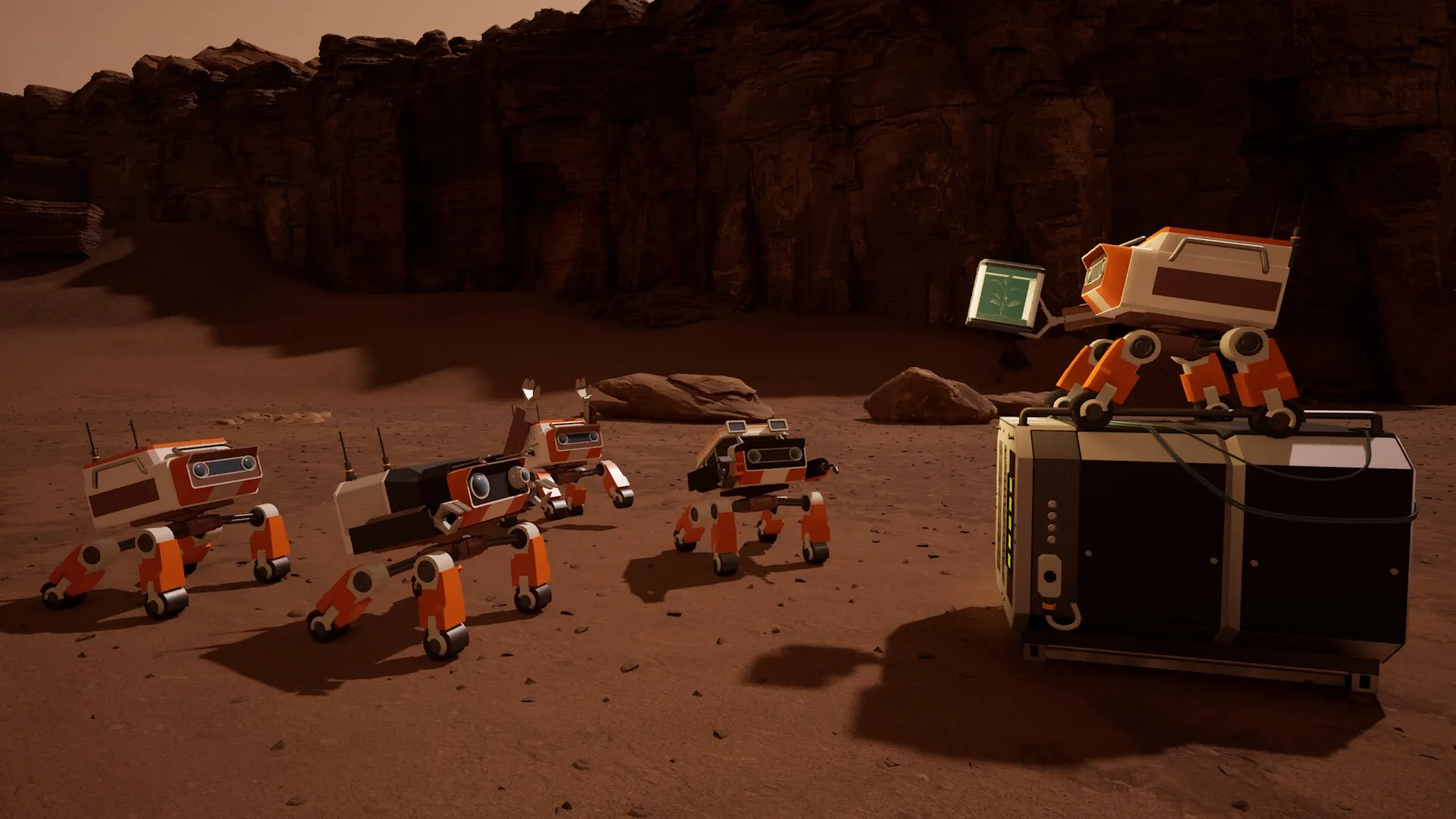 AGRONOM: Robots gathering on Martian terrain, one holds a tablet atop a crate in rocky canyon setting