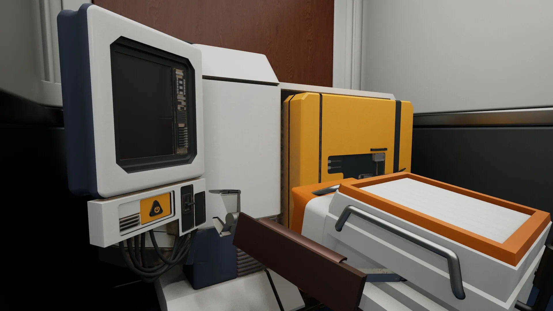 AGRONOM: Close-up of futuristic machinery with screens and cables in a sleek indoor environment