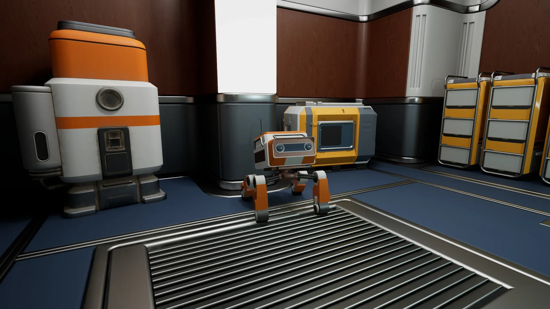 AGRONOM: Small orange robot in a futuristic room with storage units and machinery in the background.