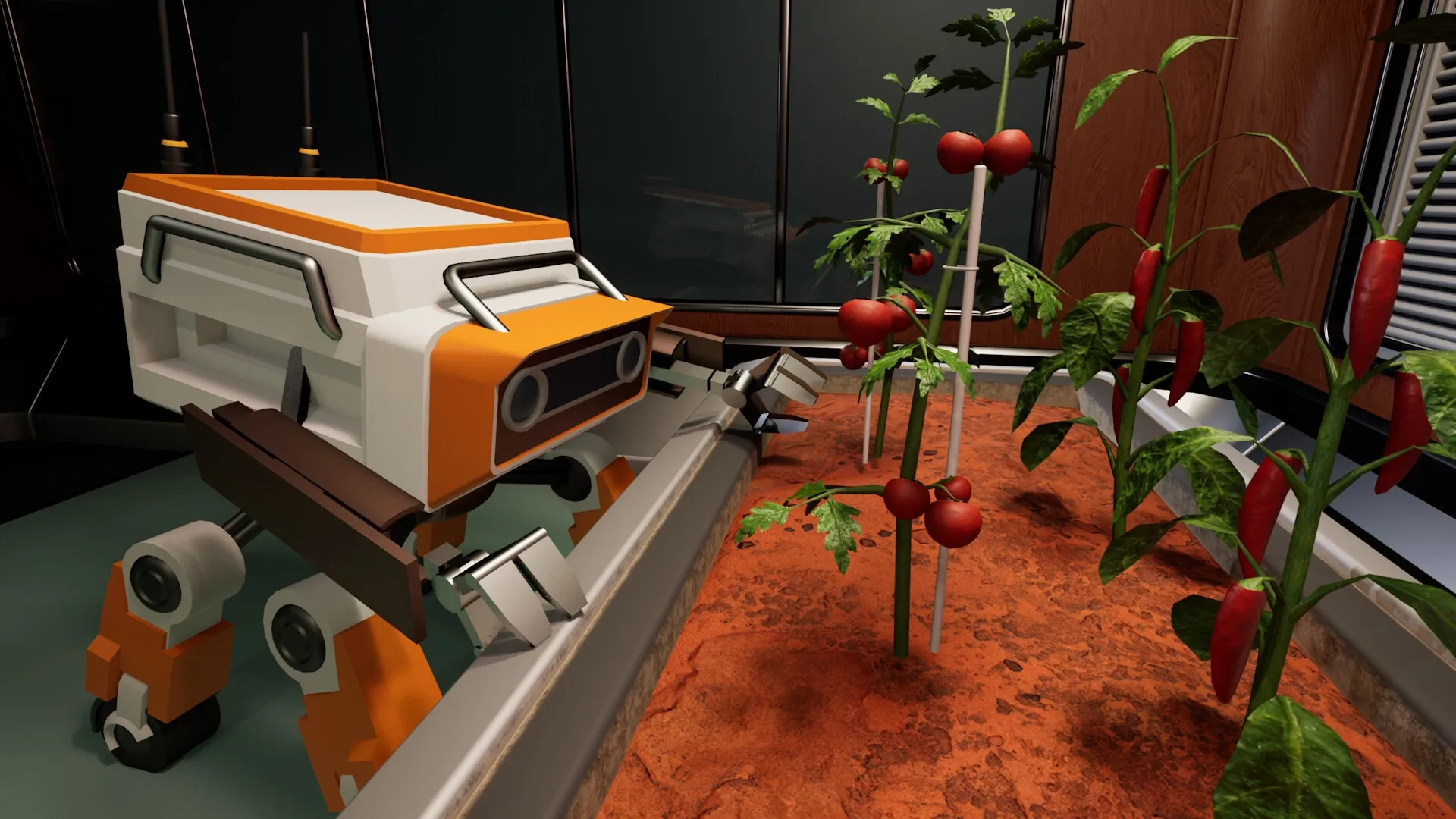 AGRONOM: Robot tending tomato plants in a Martian greenhouse with red soil and curved glass walls