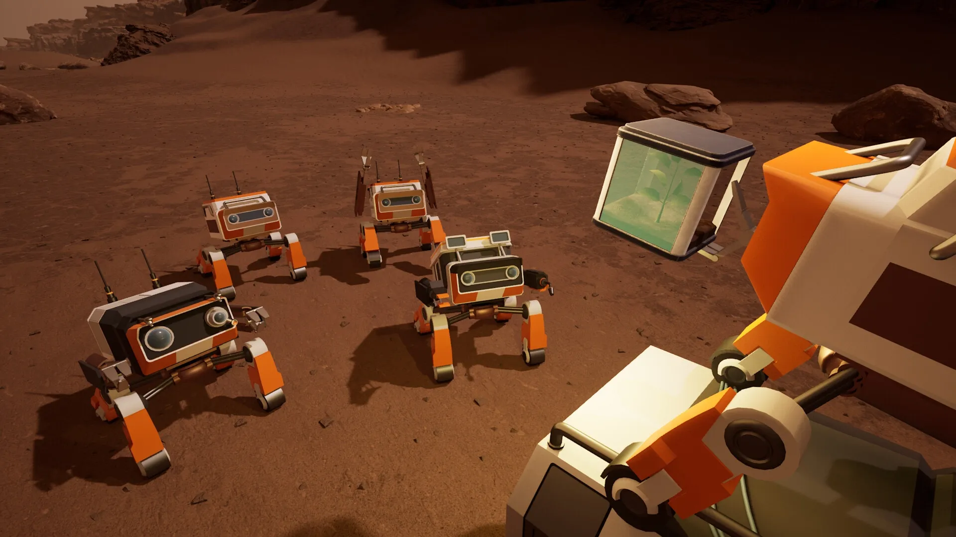 AGRONOM: Robots gather on Martian terrain with a plant incubator, ready to automate farming tasks.