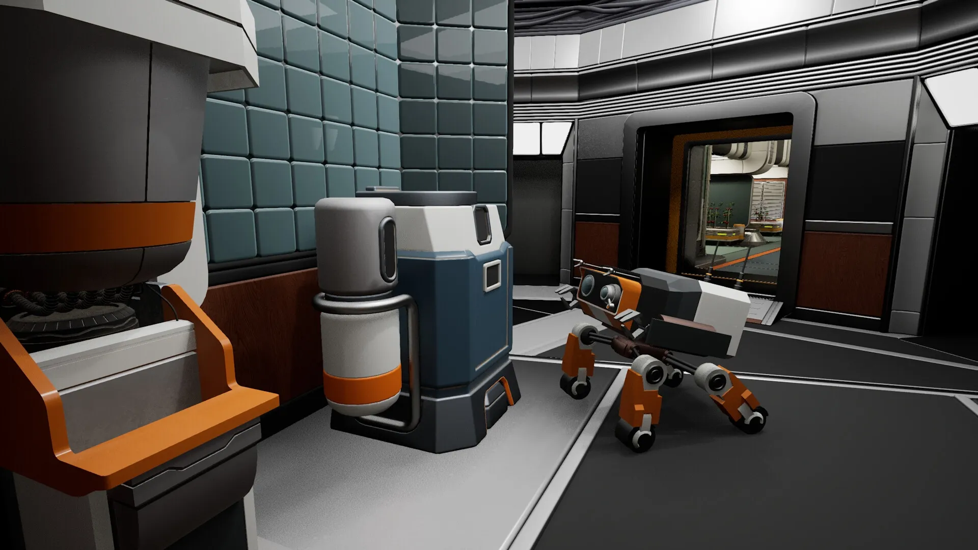 AGRONOM: Robot tending to equipment in sleek futuristic lab with doorway view of plant-growing area