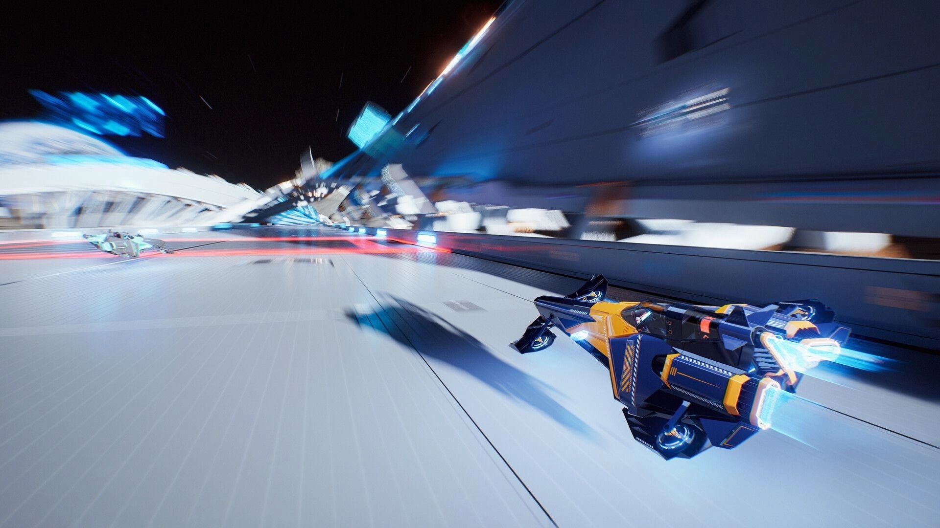 AGX GP: Anti-gravity racer ship boosting past rivals on a sleek futuristic track with heavy motion blur.
