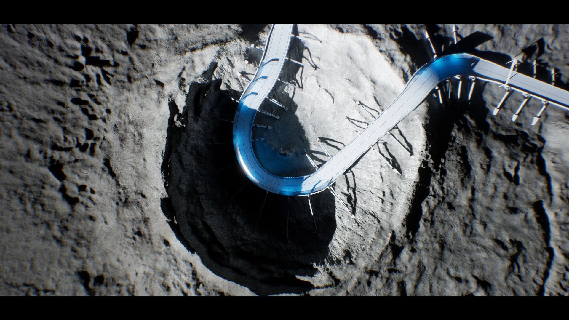 AGX GP: Overhead view of a curved anti-gravity track above a cratered moonlike surface.