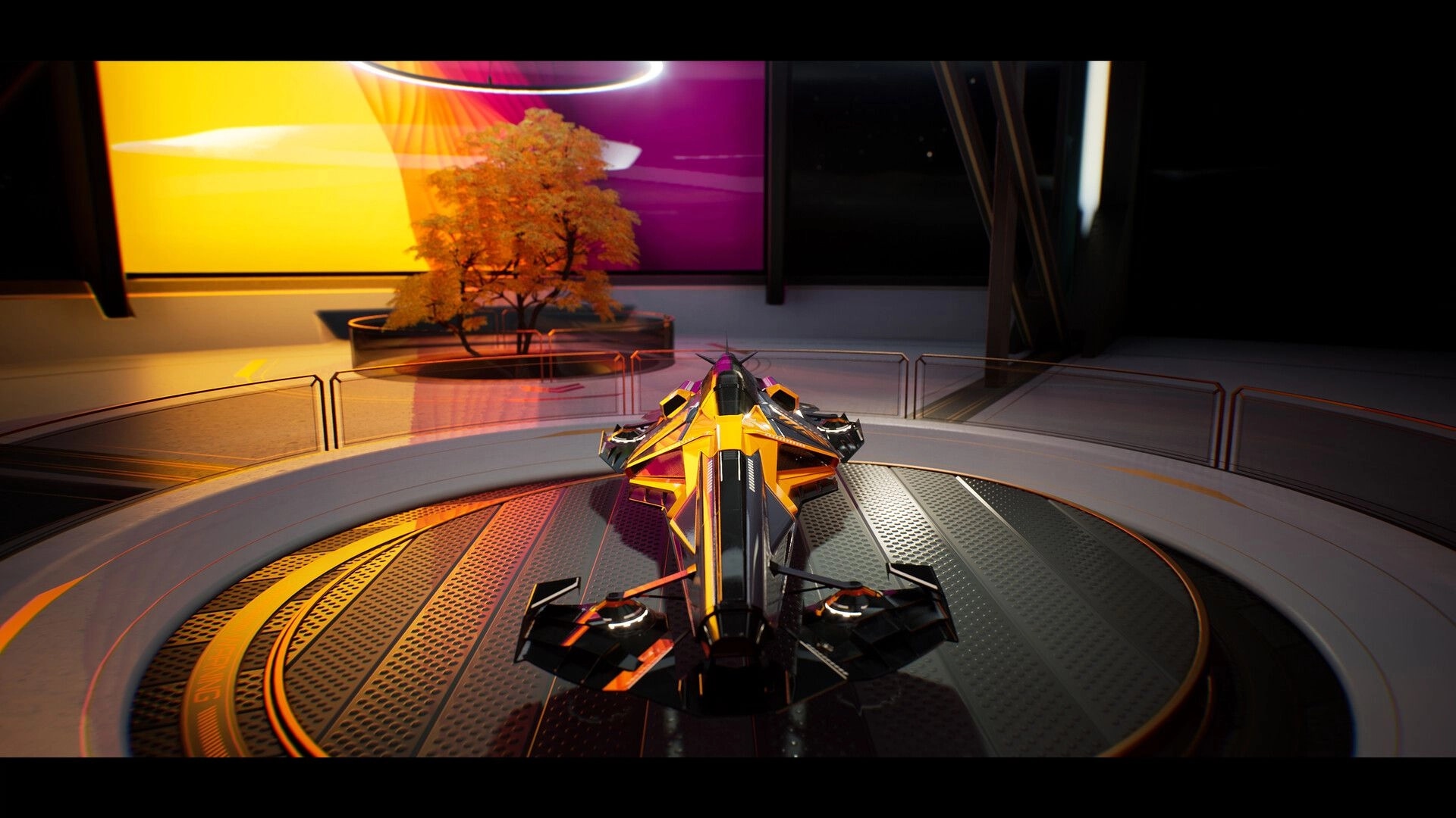 AGX GP: Orange anti-gravity racer parked on circular platform in sleek neon-lit futuristic hangar.