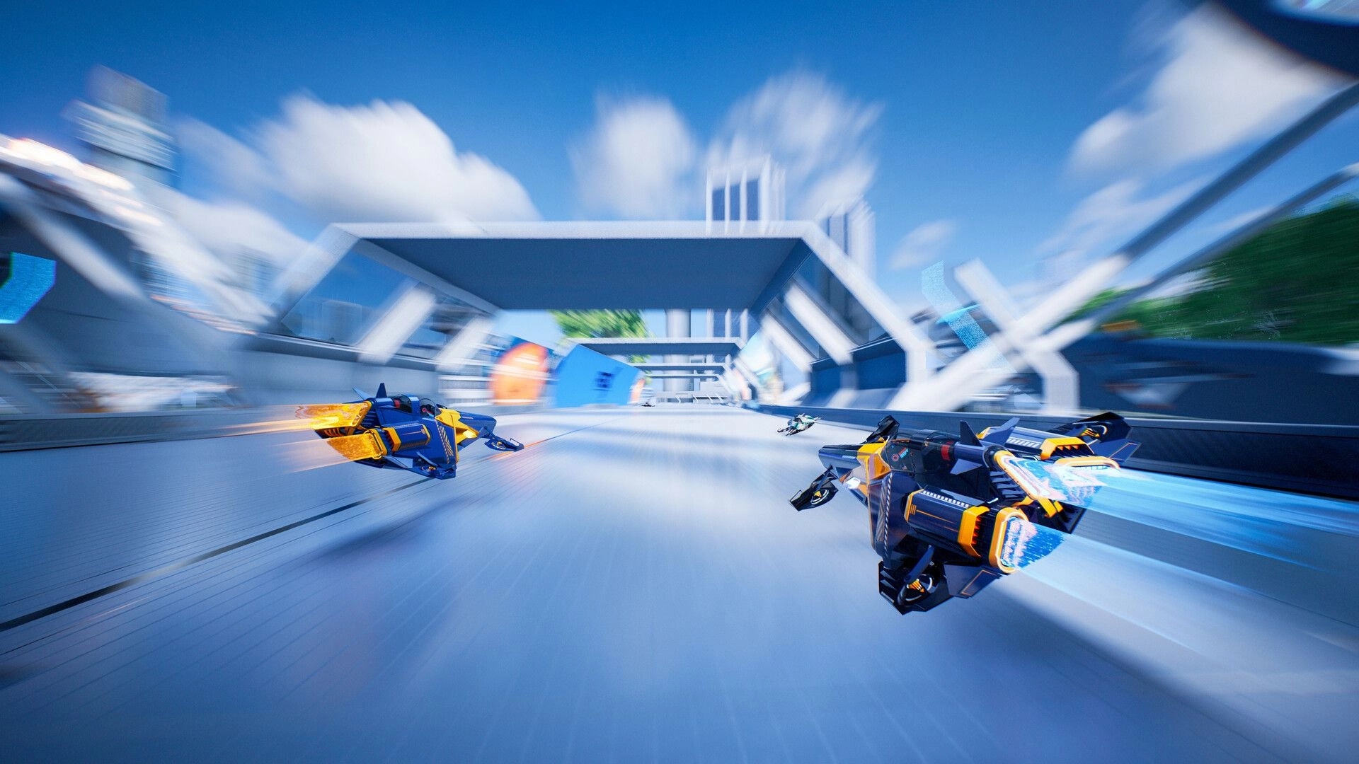 AGX GP: Two anti-gravity racers boost past a rival on a sleek futuristic city track with motion blur.