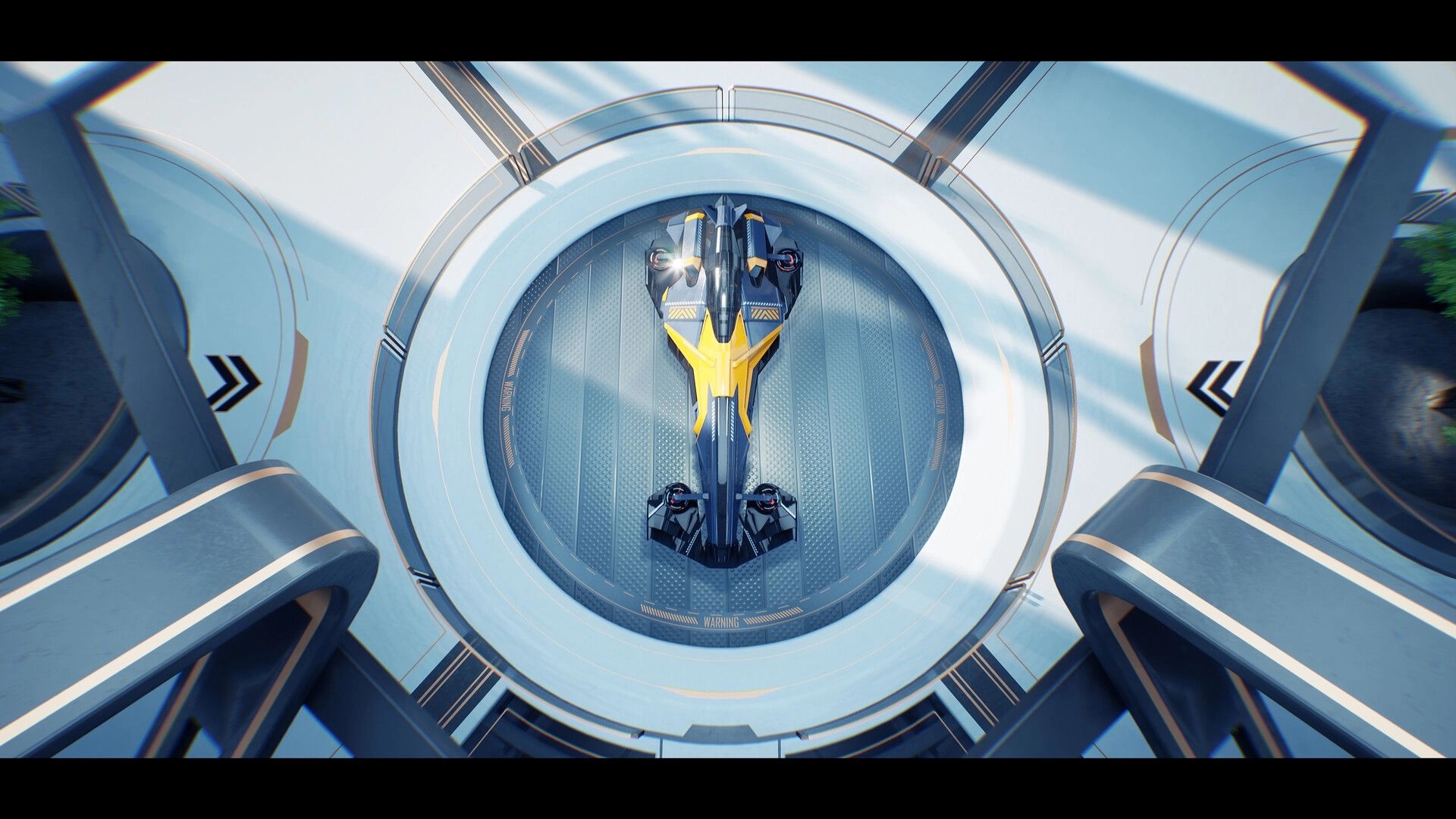 AGX GP: Top-down view of yellow anti-gravity racer on circular launch pad in sleek hangar bay.