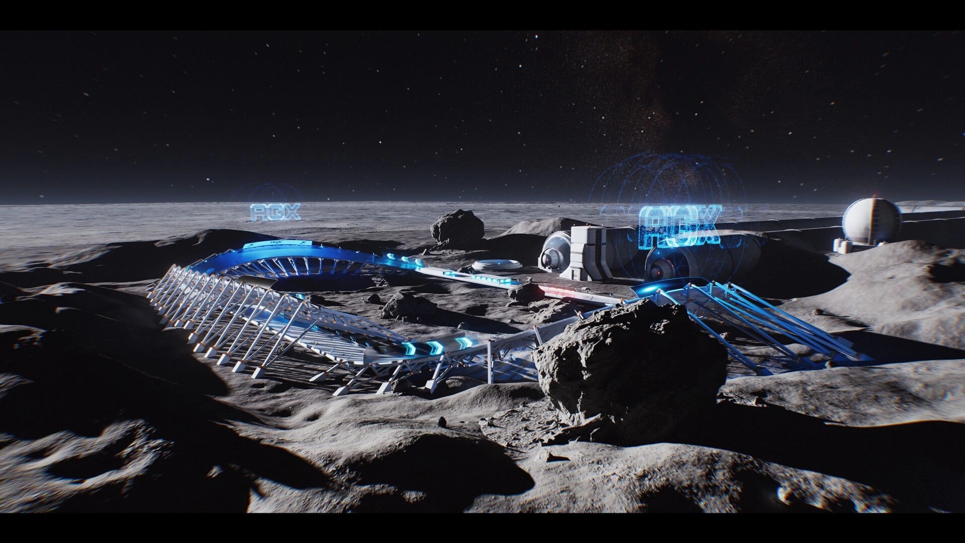 AGX GP: Neon anti-gravity track curves past moon base modules on a rocky lunar surface under stars.
