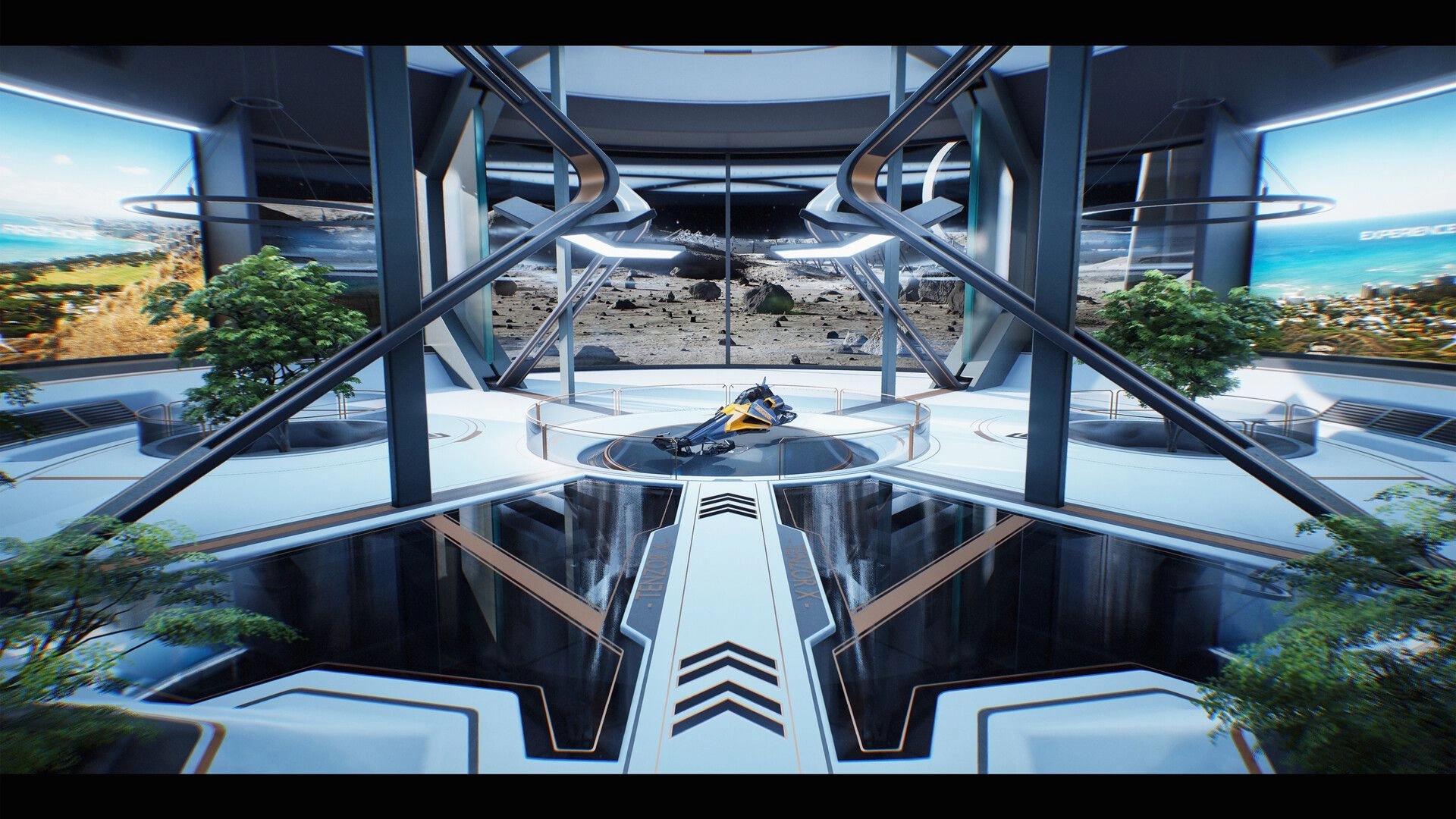AGX GP: Anti-gravity racer displayed on a circular platform inside a sleek glass space hangar lobby.