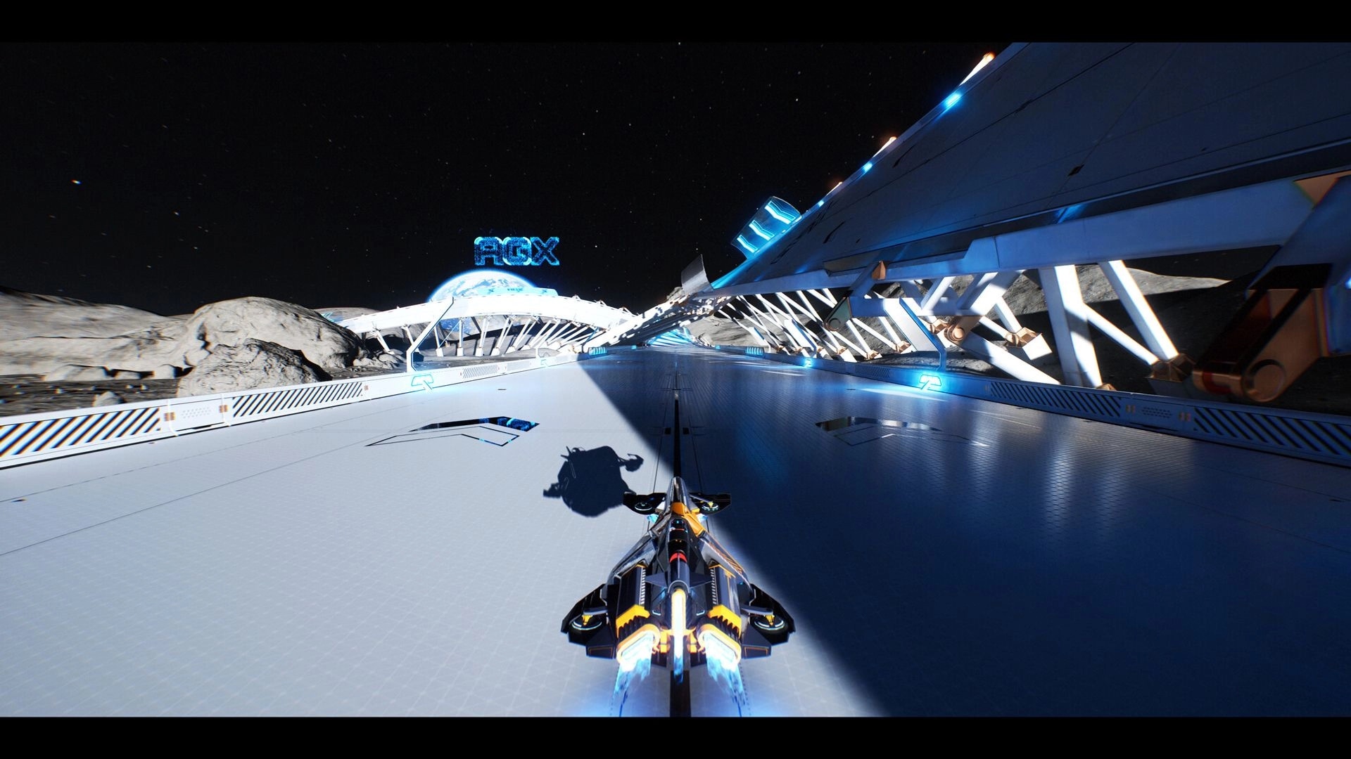 AGX GP: Anti-gravity racer speeding on a moon base track under starry sky with neon AGX sign ahead.