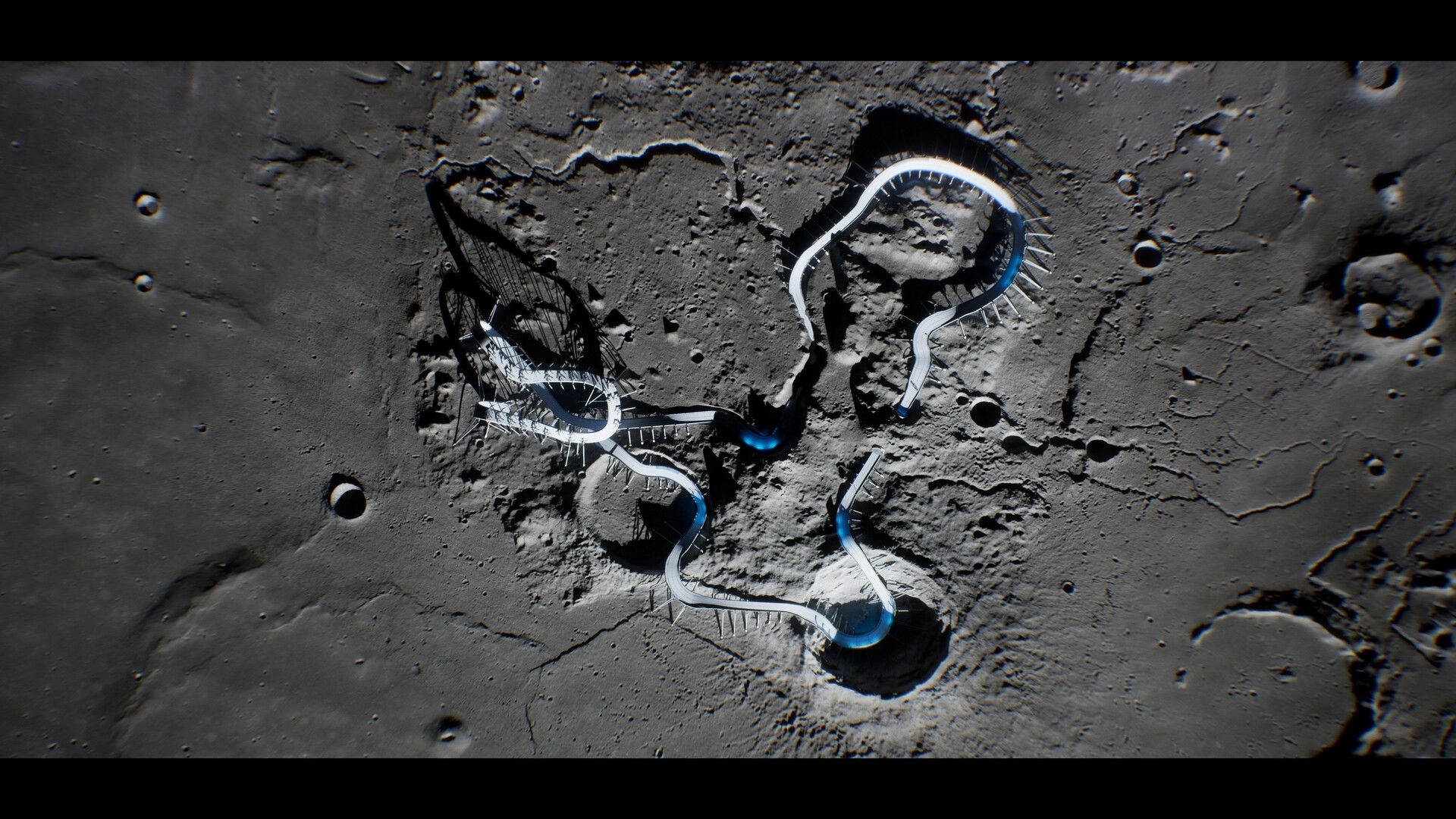 AGX GP: Overhead view of a winding anti-gravity race track laid across a cratered lunar surface.