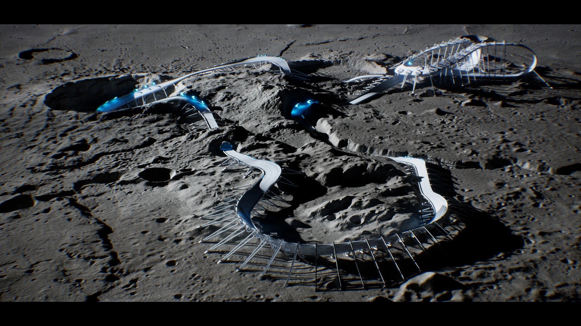 AGX GP: Overhead view of a winding anti-gravity track with blue lights on a cratered moon surface.