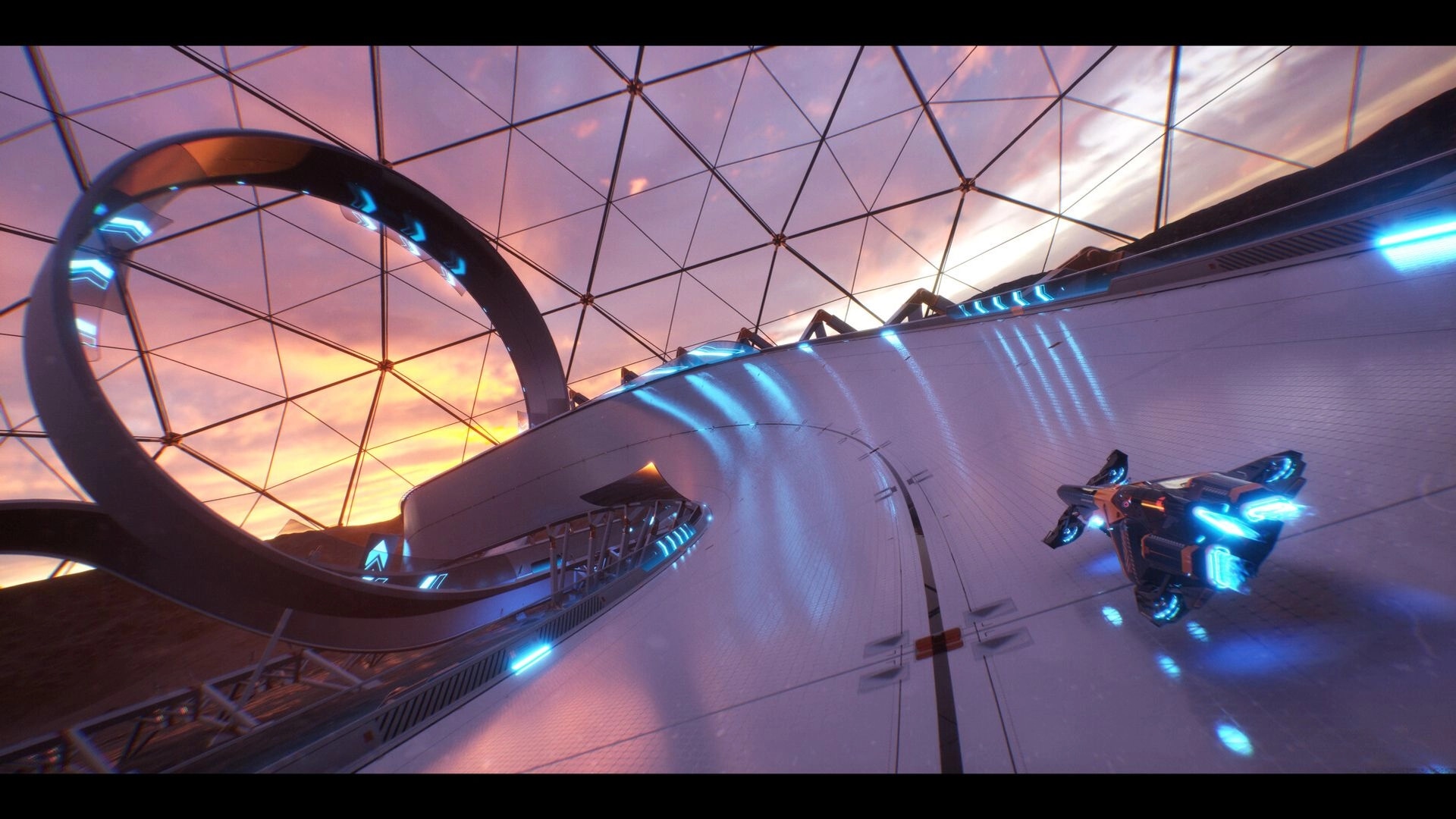 AGX GP: Anti-gravity racer banking on a glowing wall track inside a dome at sunset sky view.