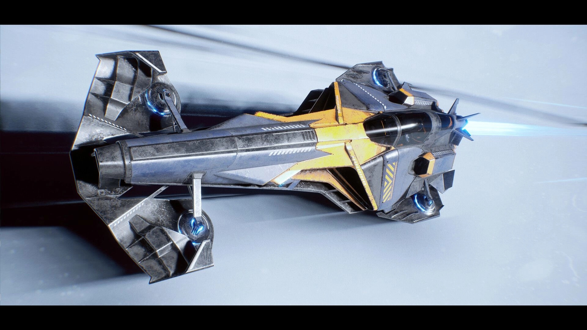 AGX GP: Yellow and gray anti-gravity racer ship boosting forward on a blurred high-speed track.