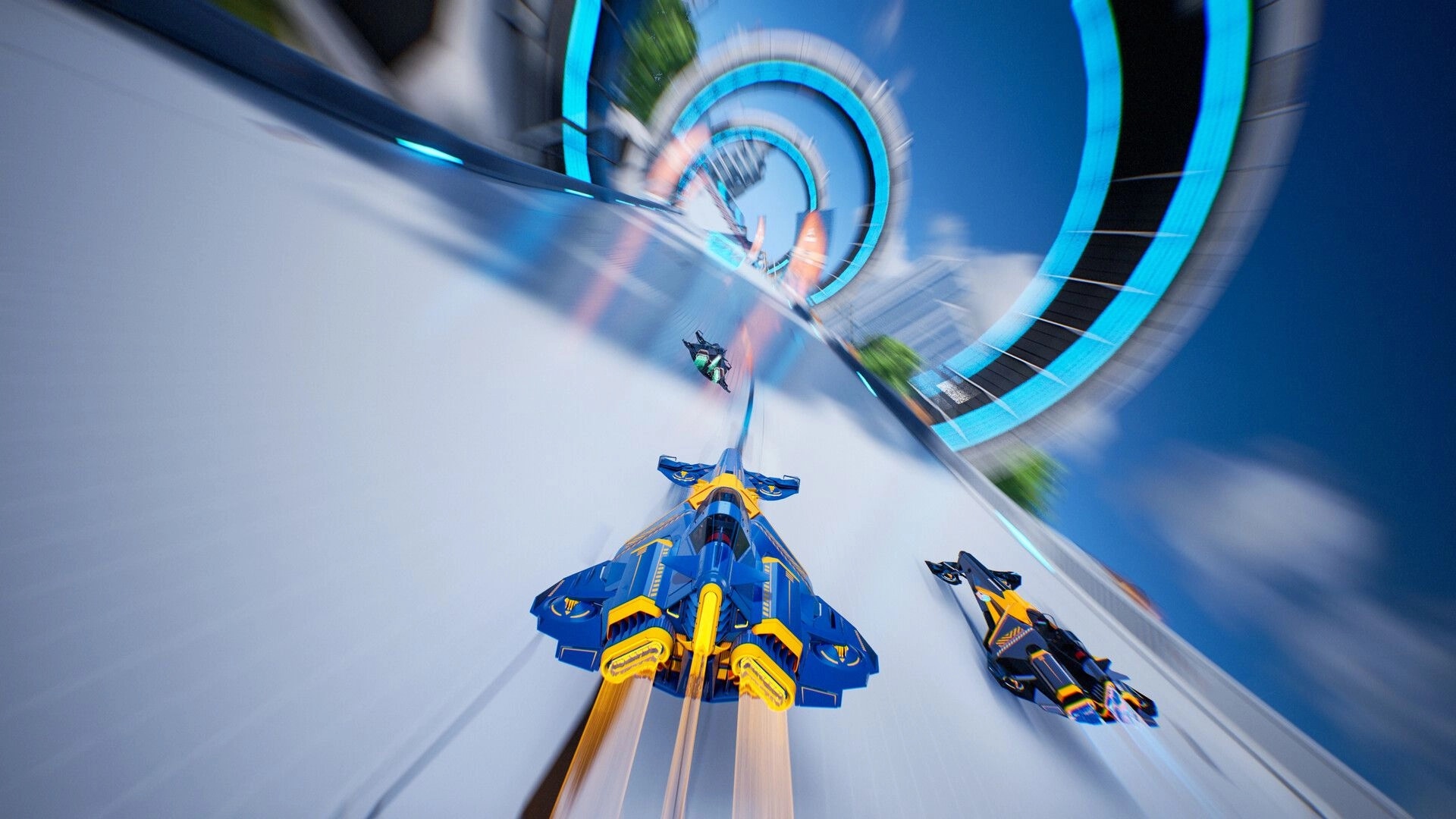 AGX GP: Blue hovercraft races rivals on a steep anti-gravity wall track with glowing ring tunnel ahead.