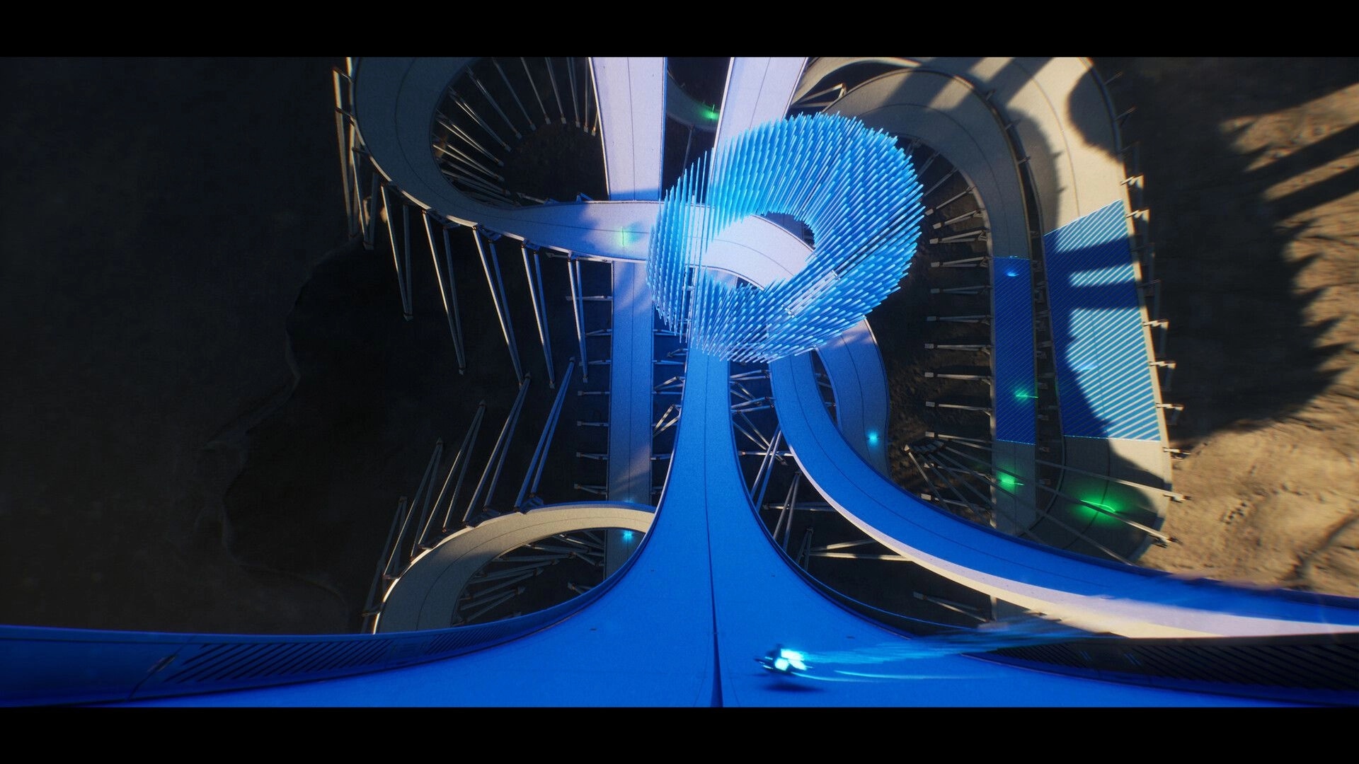 AGX GP: Anti-gravity racer speeding on a twisting blue track through a futuristic spiral structure.