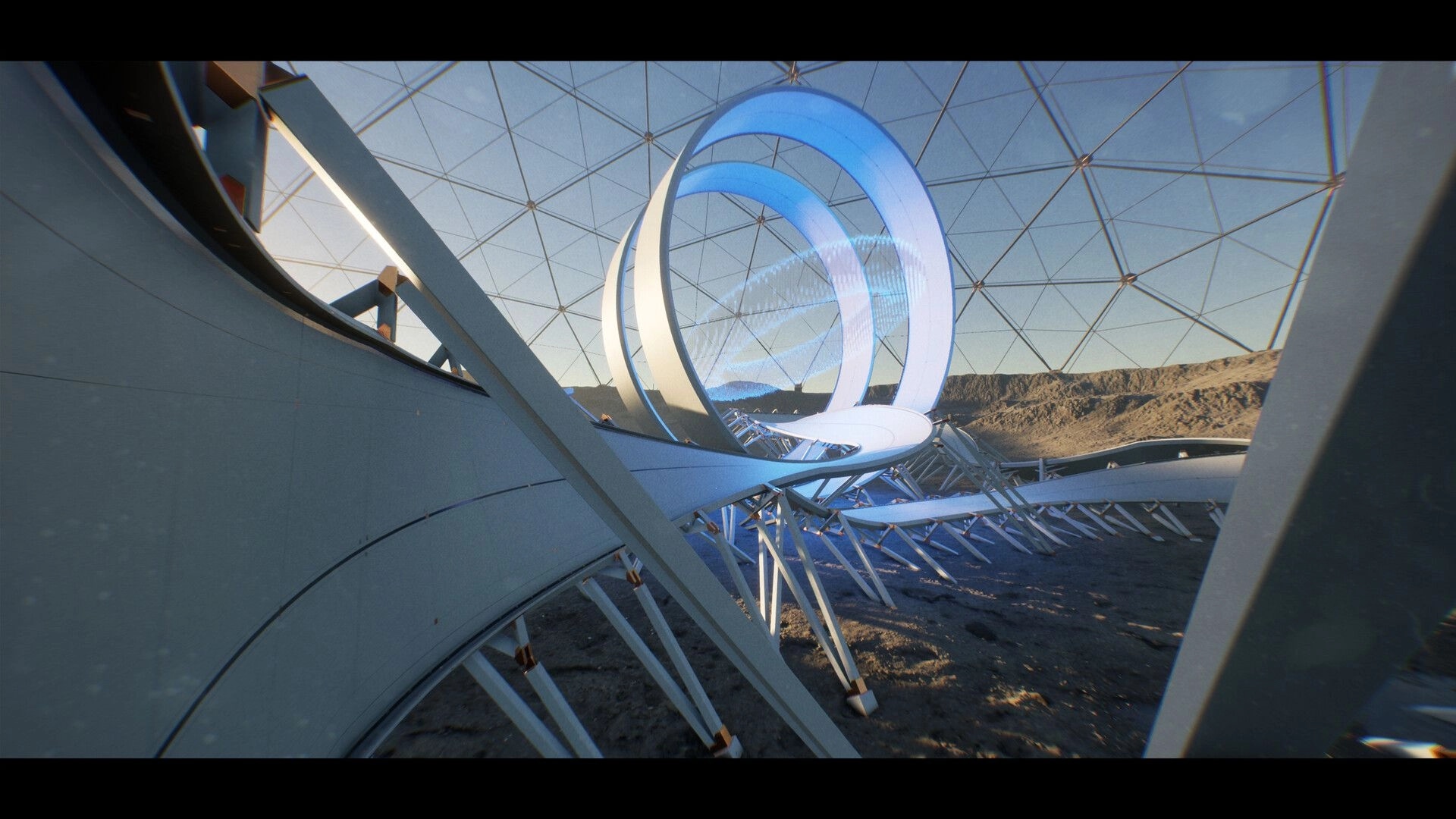 AGX GP: Curving anti-gravity track with glowing ring gates inside a geodesic dome over desert cliffs.