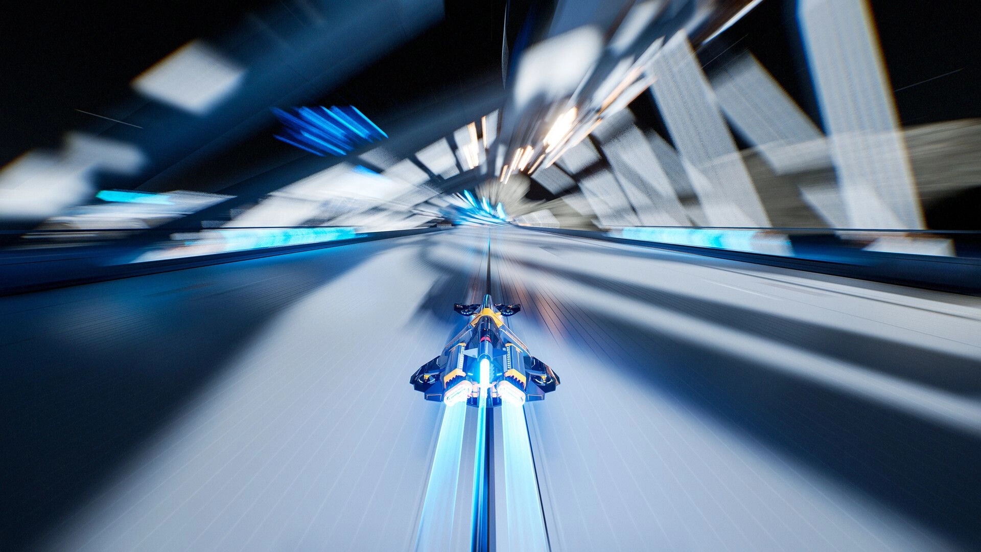 AGX GP: Anti-gravity racer boosts down a futuristic tunnel track with heavy motion blur and neon lights.