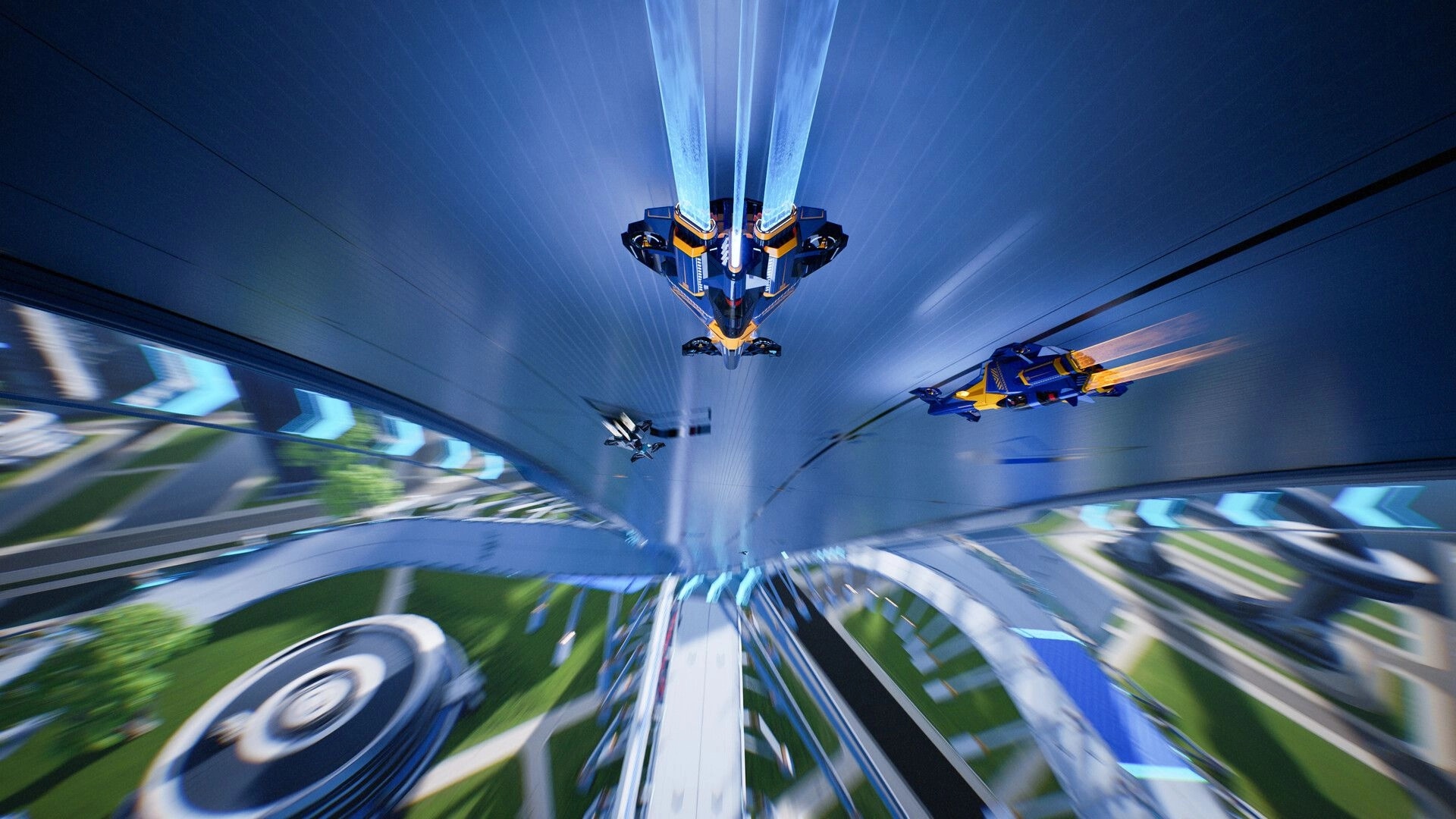 AGX GP: Anti-gravity ships racing at high speed on a vertical wall track above a futuristic city.
